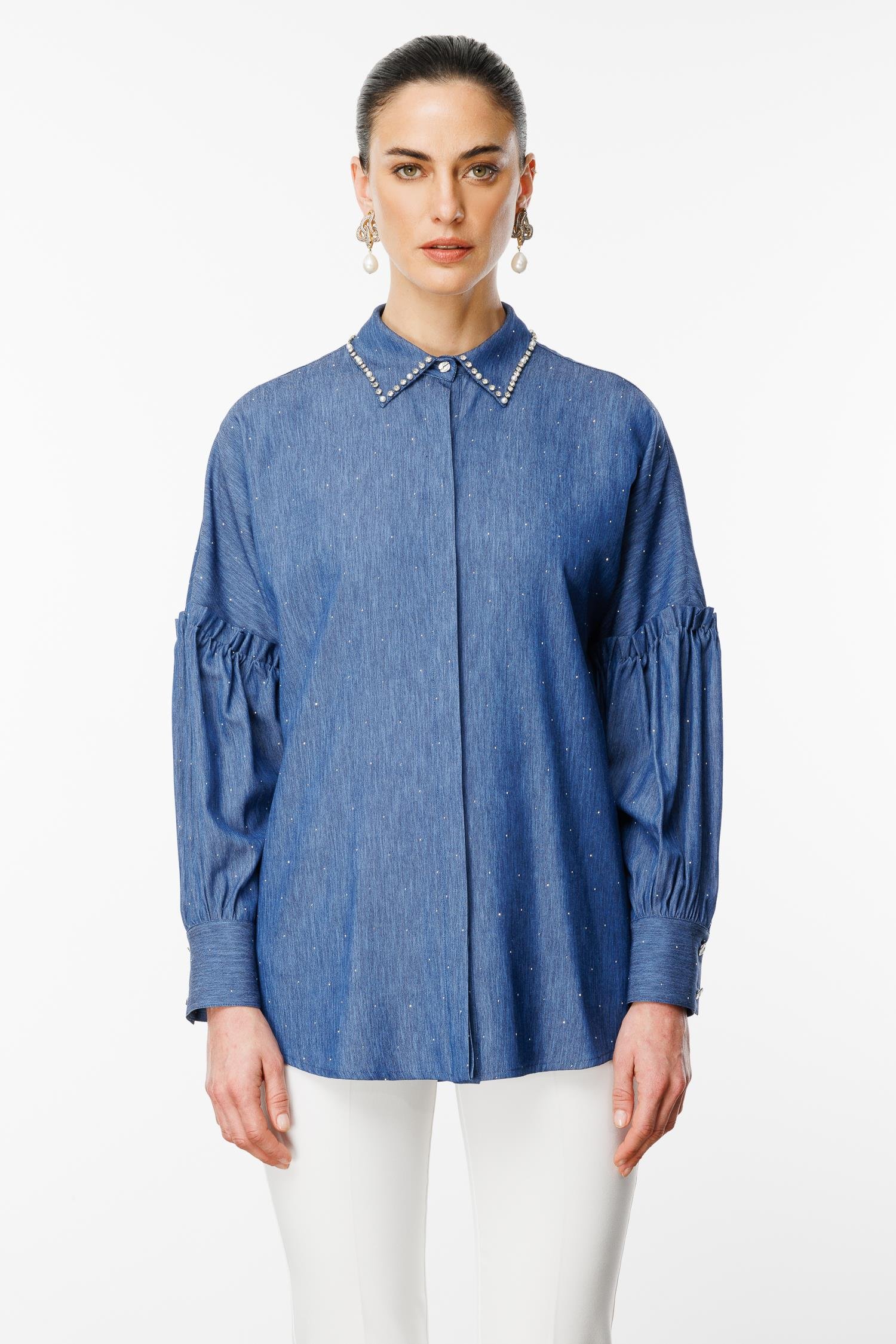 Modailgi  Kolları Pile Detaylı Yakası Taş İşlemeli Taşlı Tencel Gömlek Lacivert