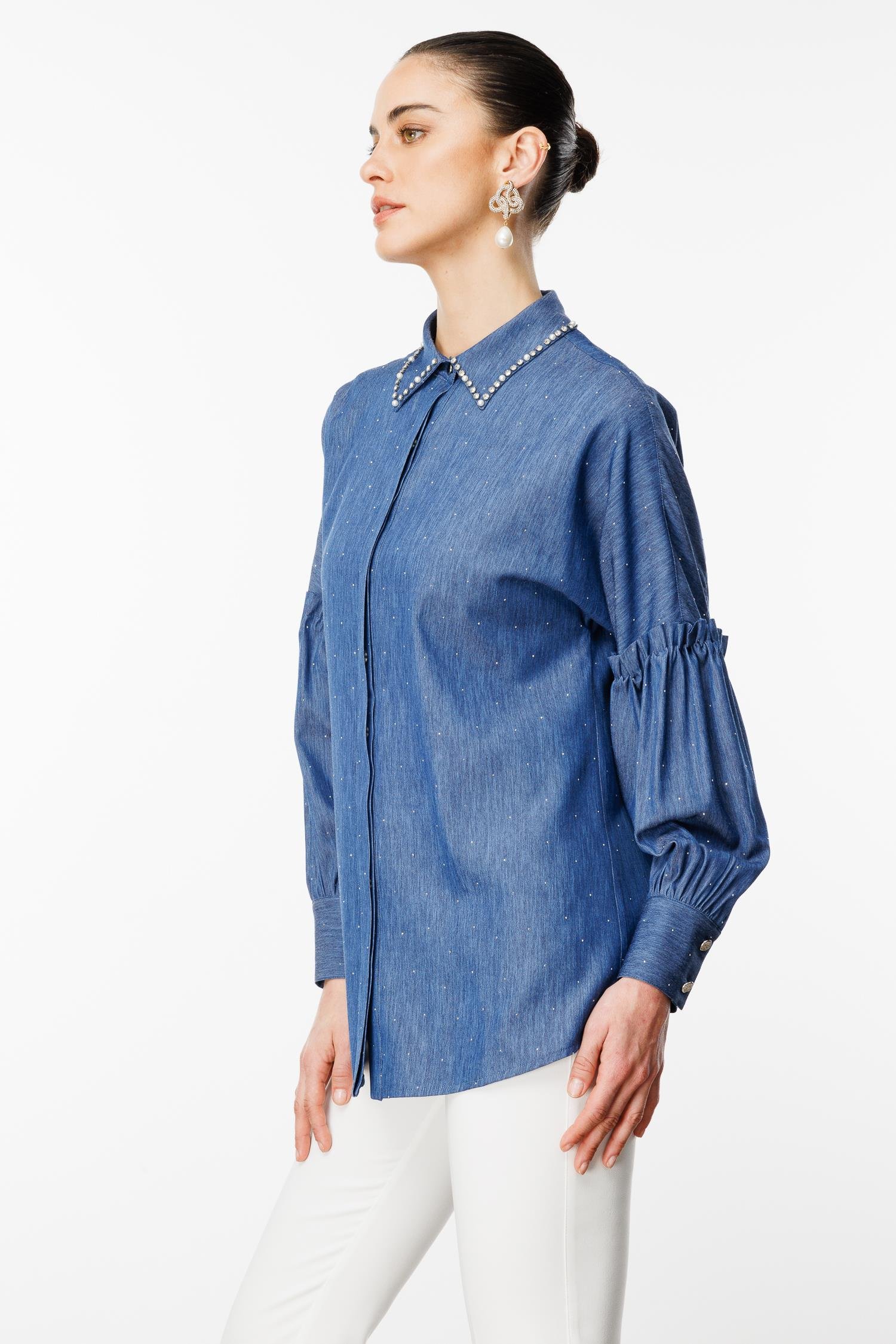 Modailgi  Kolları Pile Detaylı Yakası Taş İşlemeli Taşlı Tencel Gömlek Lacivert