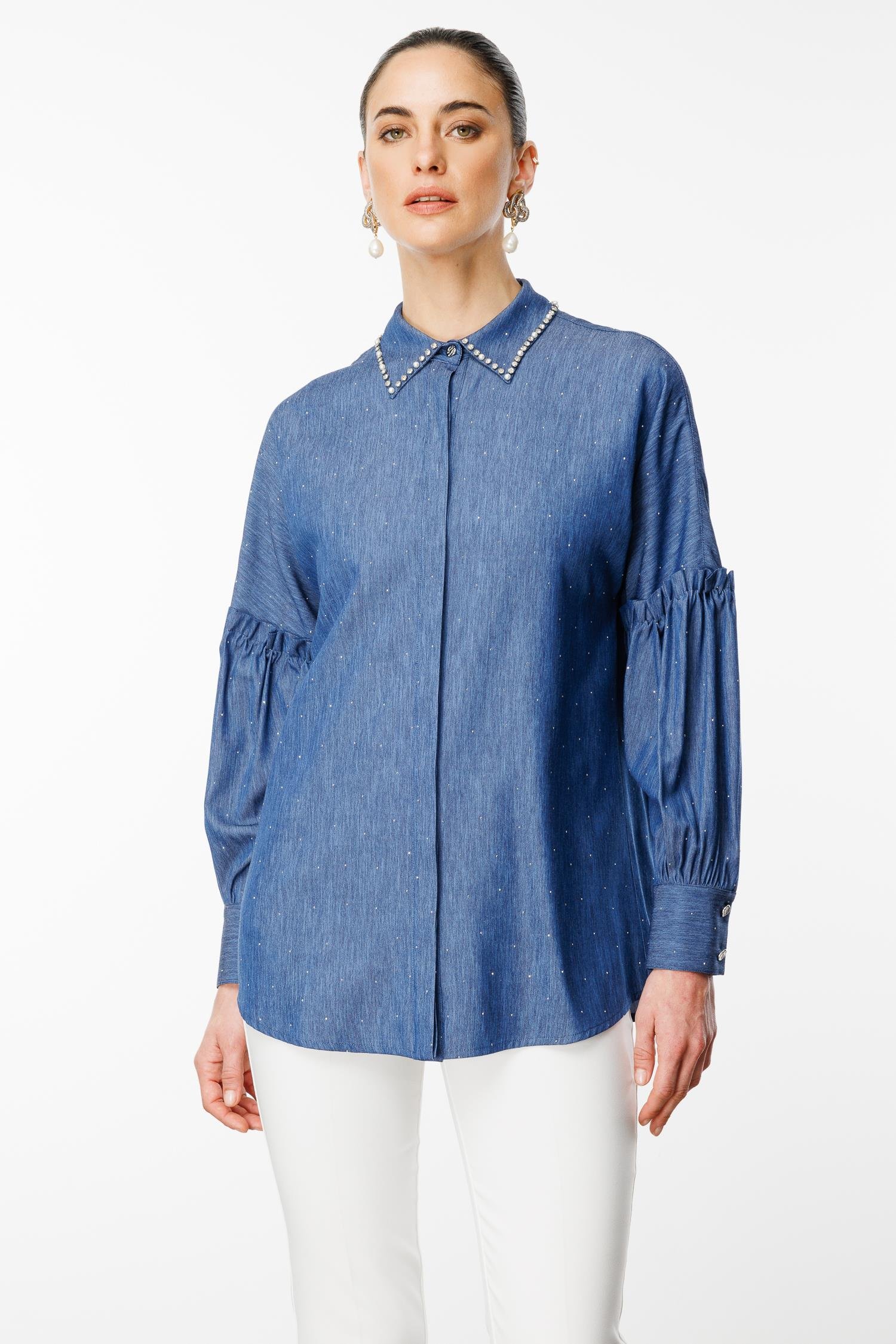 Modailgi  Kolları Pile Detaylı Yakası Taş İşlemeli Taşlı Tencel Gömlek Lacivert