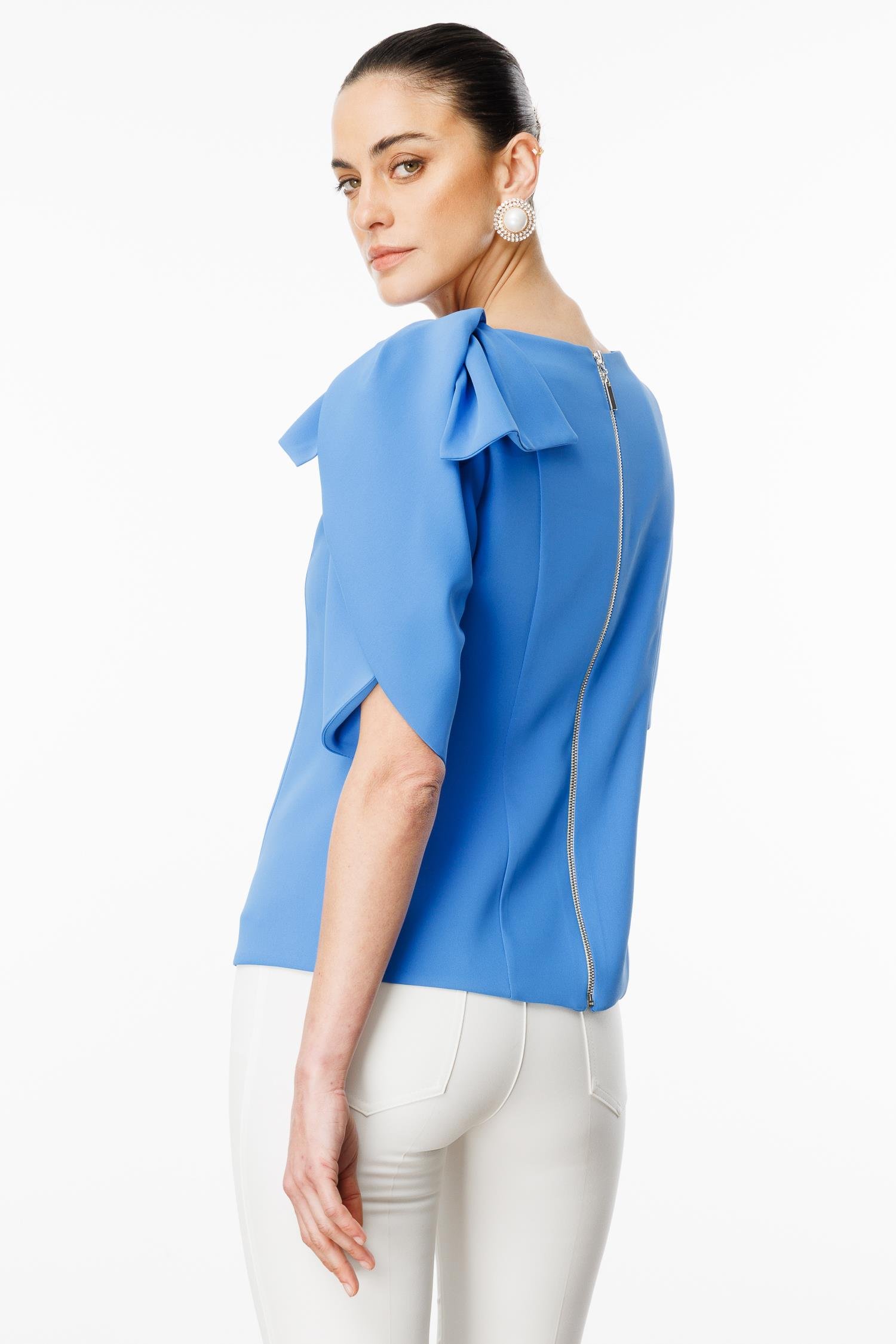 Modailgi  Kolları Pile Fiyonk Anvelop Detaylı Fermuar Kapamalı Bluz Mavi