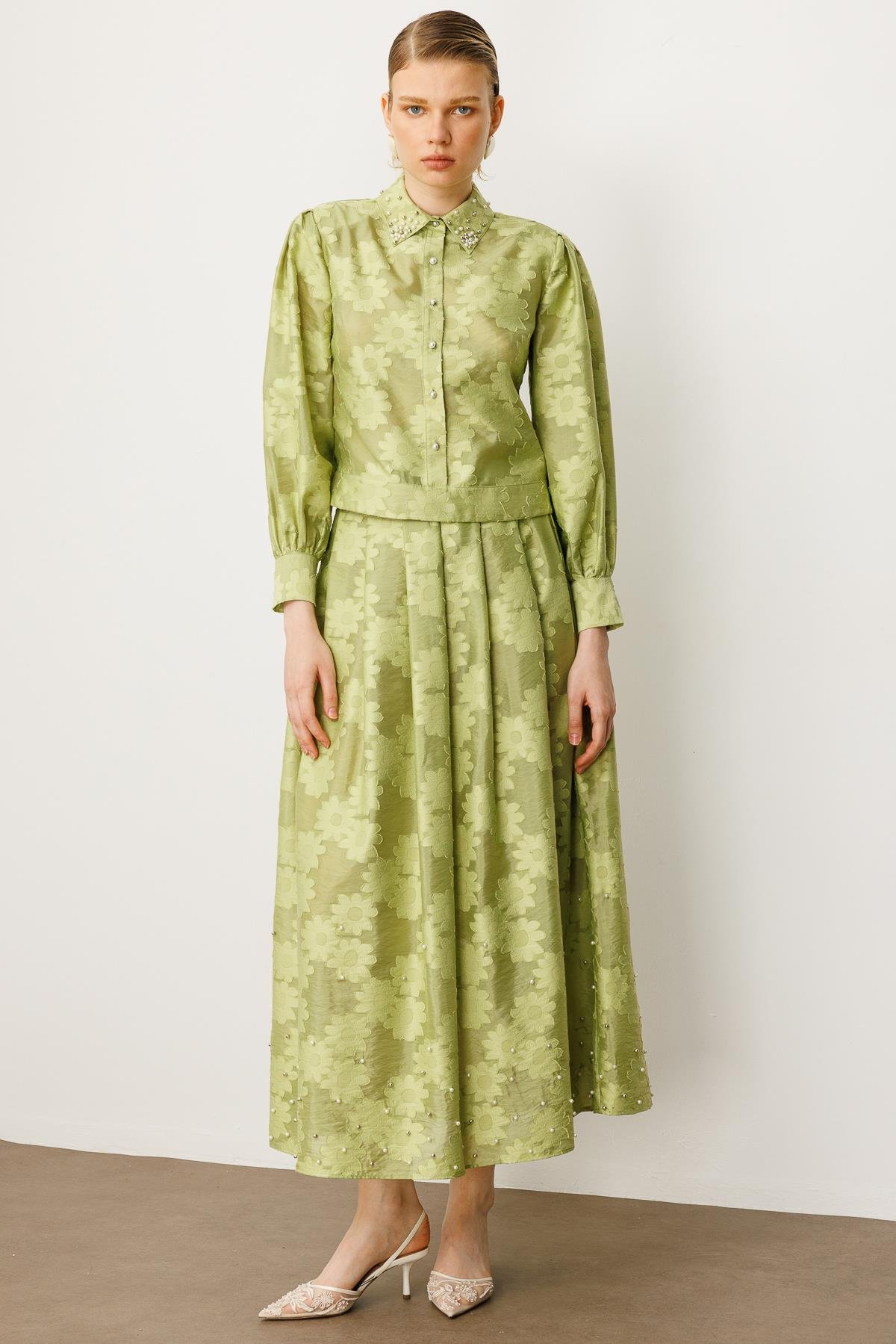 Modailgi  Kolları Pileli Yakası İnci Detaylı Yandan Fermuarlı Bomber Ceket Yeşil