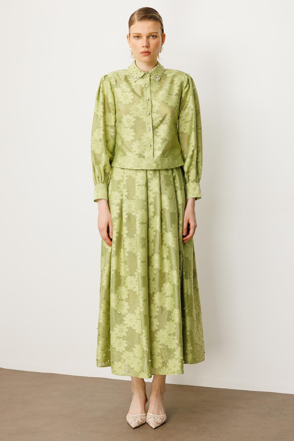 Modailgi  Kolları Pileli Yakası İnci Detaylı Yandan Fermuarlı Bomber Ceket Yeşil