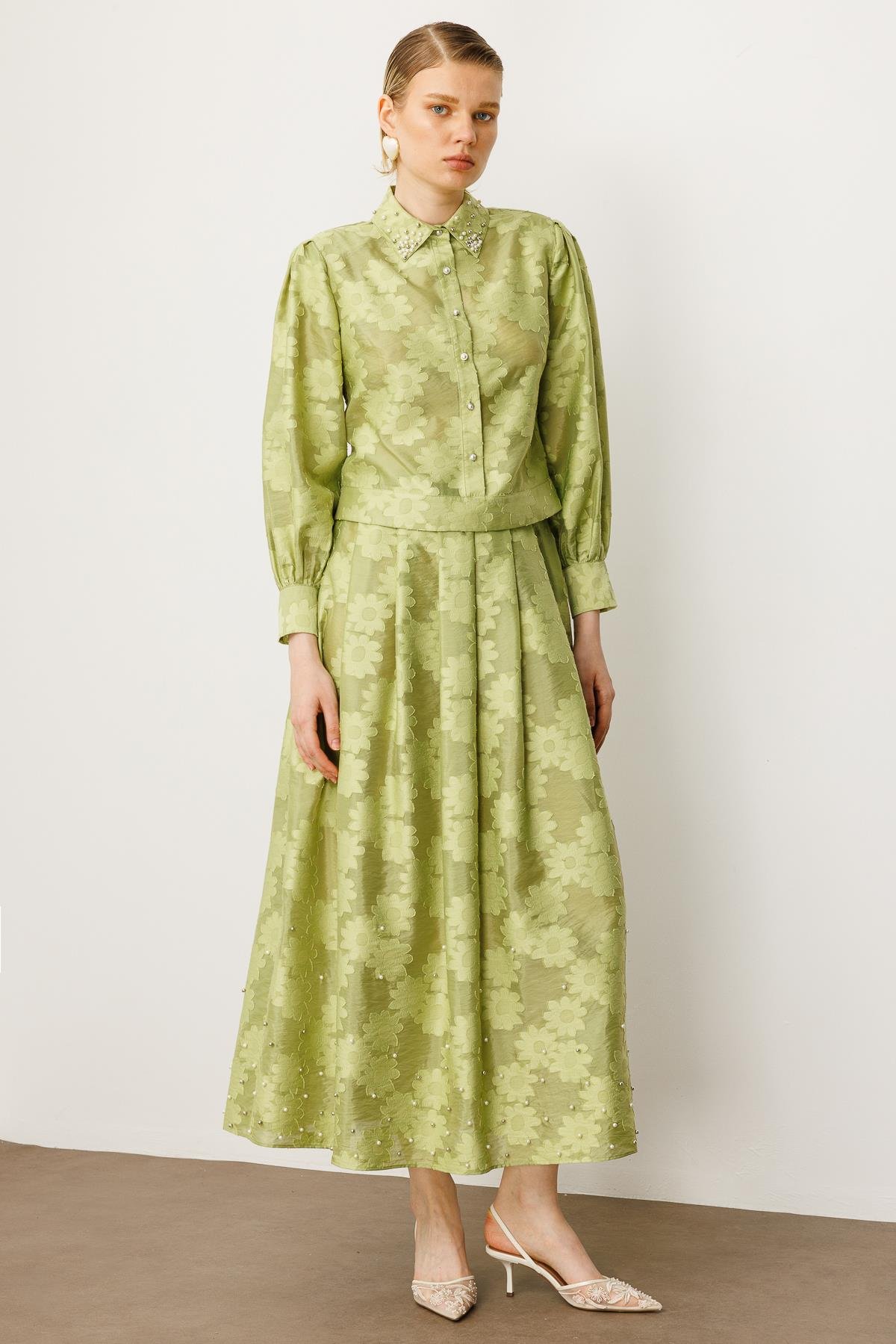 Modailgi  Kolları Pileli Yakası İnci Detaylı Yandan Fermuarlı Bomber Ceket Yeşil