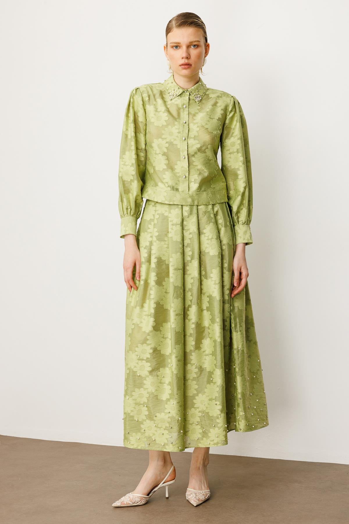 Modailgi  Kolları Pileli Yakası İnci Detaylı Yandan Fermuarlı Bomber Ceket Yeşil