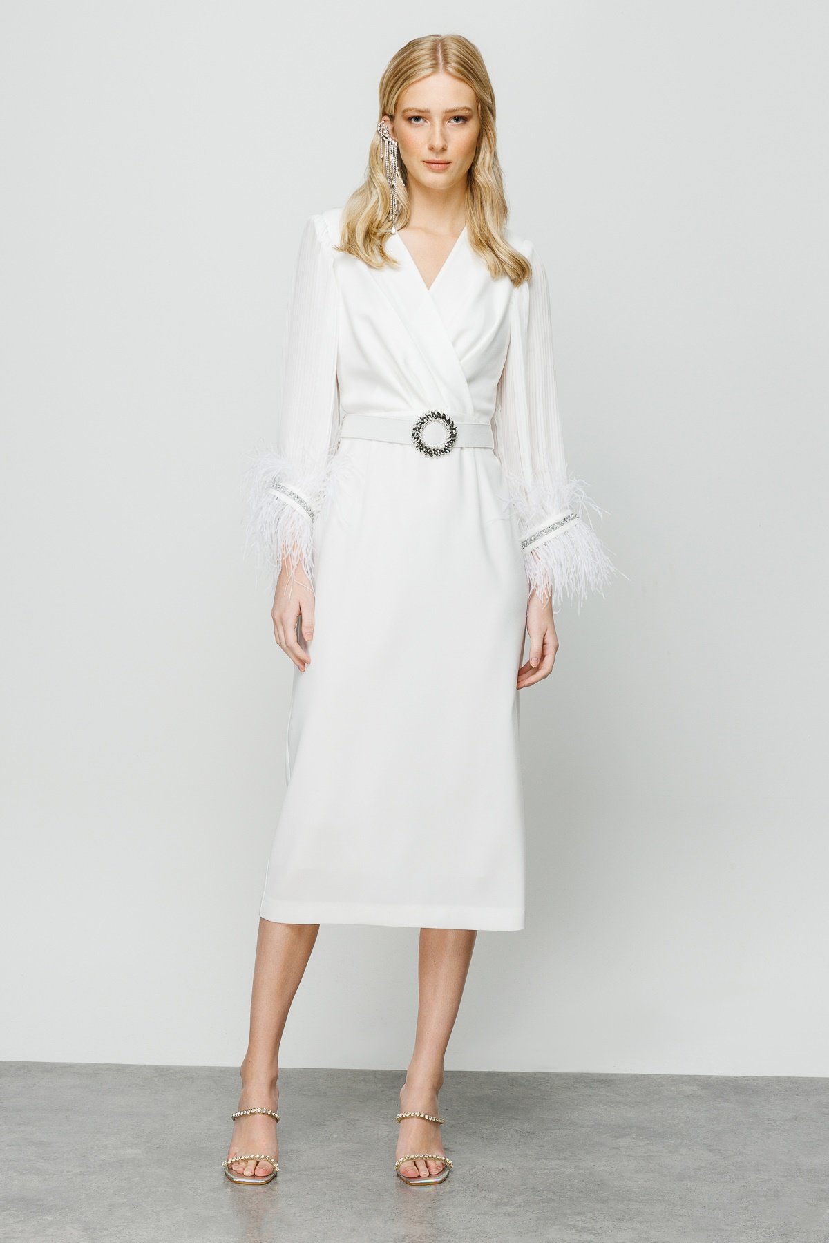 Modailgi  Kolları Pliseli Manşeti Otrişli Uzun Elbise Ekru