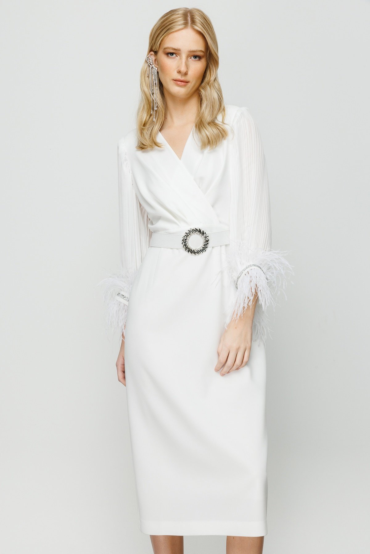 Modailgi  Kolları Pliseli Manşeti Otrişli Uzun Elbise Ekru