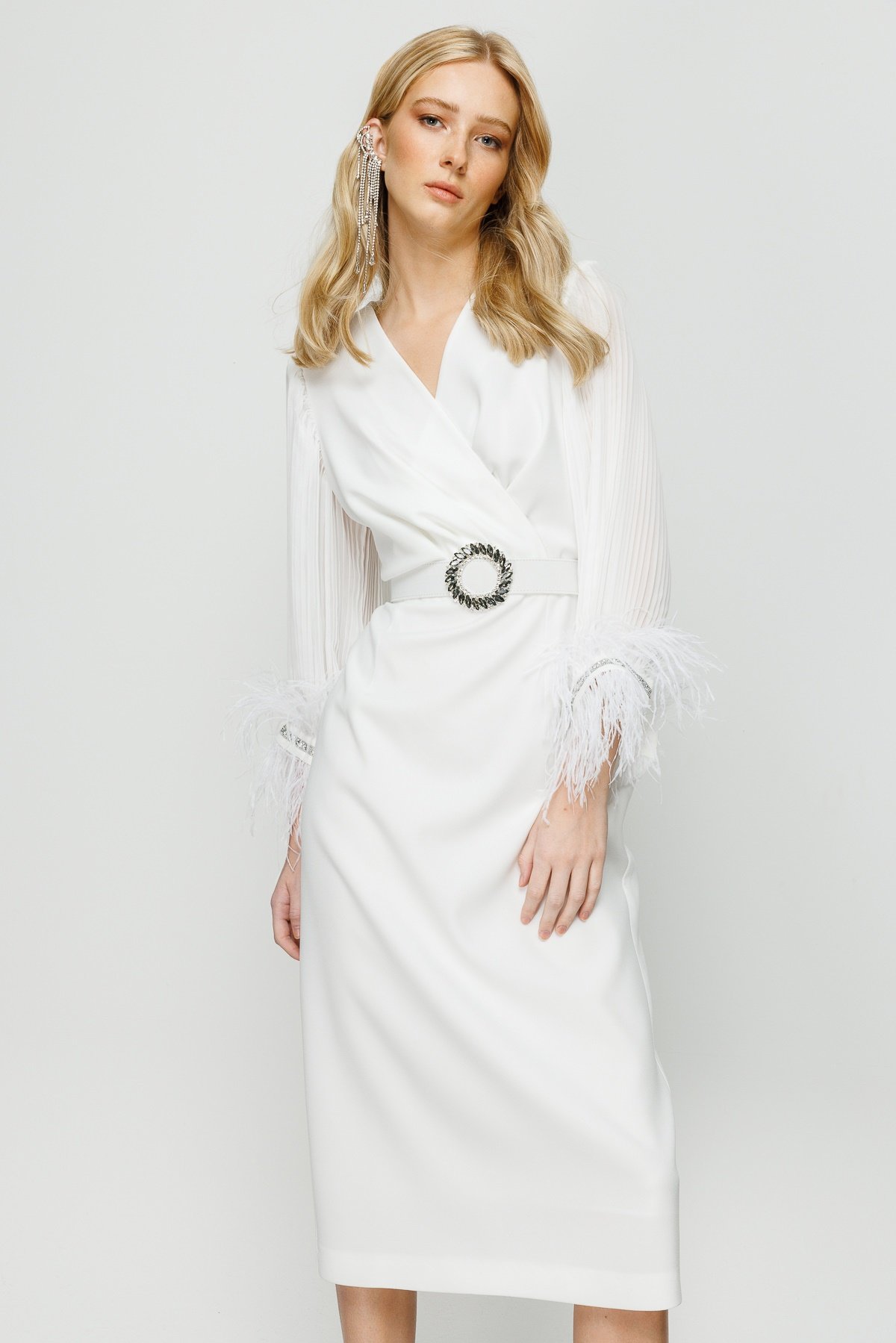 Modailgi  Kolları Pliseli Manşeti Otrişli Uzun Elbise Ekru