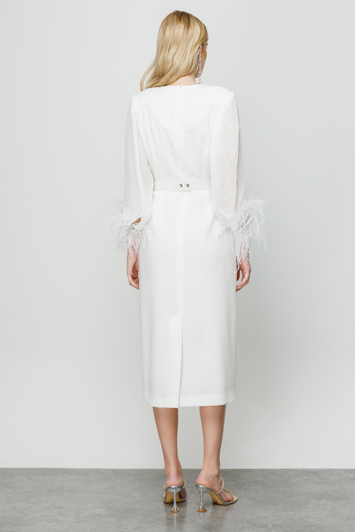 Modailgi  Kolları Pliseli Manşeti Otrişli Uzun Elbise Ekru