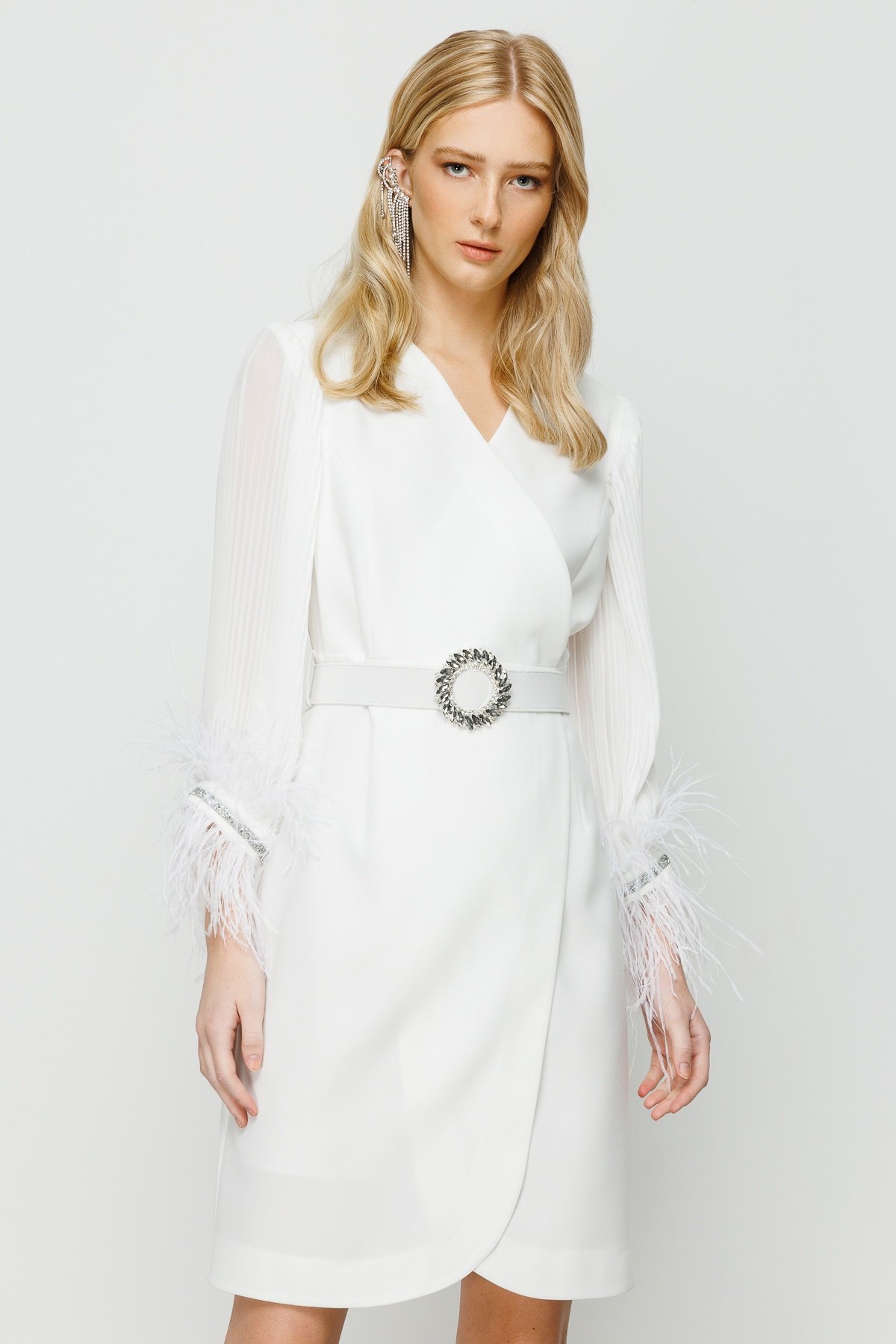 Modailgi  Kolları Pliseli Manşeti Otrişli Kısa Elbise Ekru