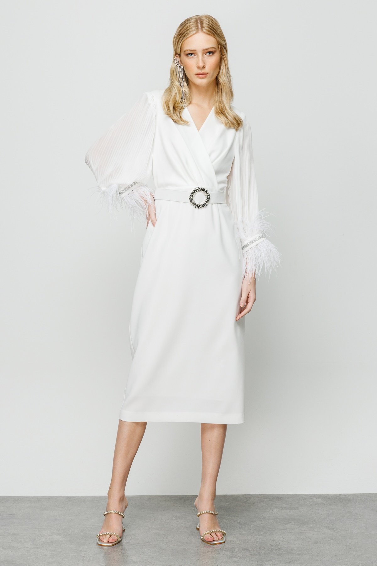 Modailgi  Kolları Pliseli Manşeti Otrişli Uzun Elbise Ekru