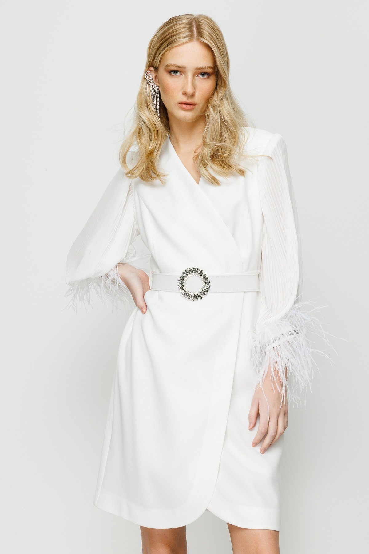 Modailgi  Kolları Pliseli Manşeti Otrişli Kısa Elbise Ekru