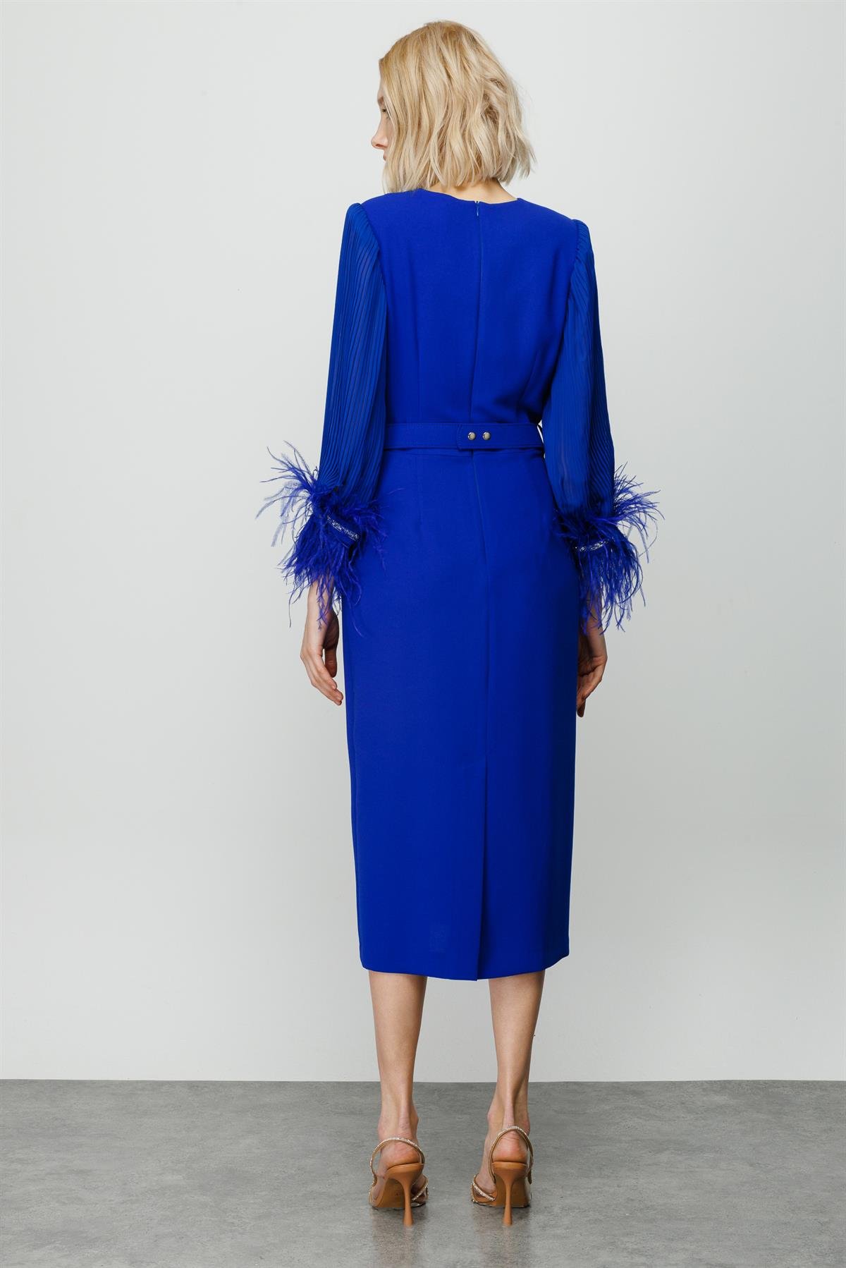 Modailgi  Kolları Pliseli Manşeti Otrişli Uzun Elbise Saks