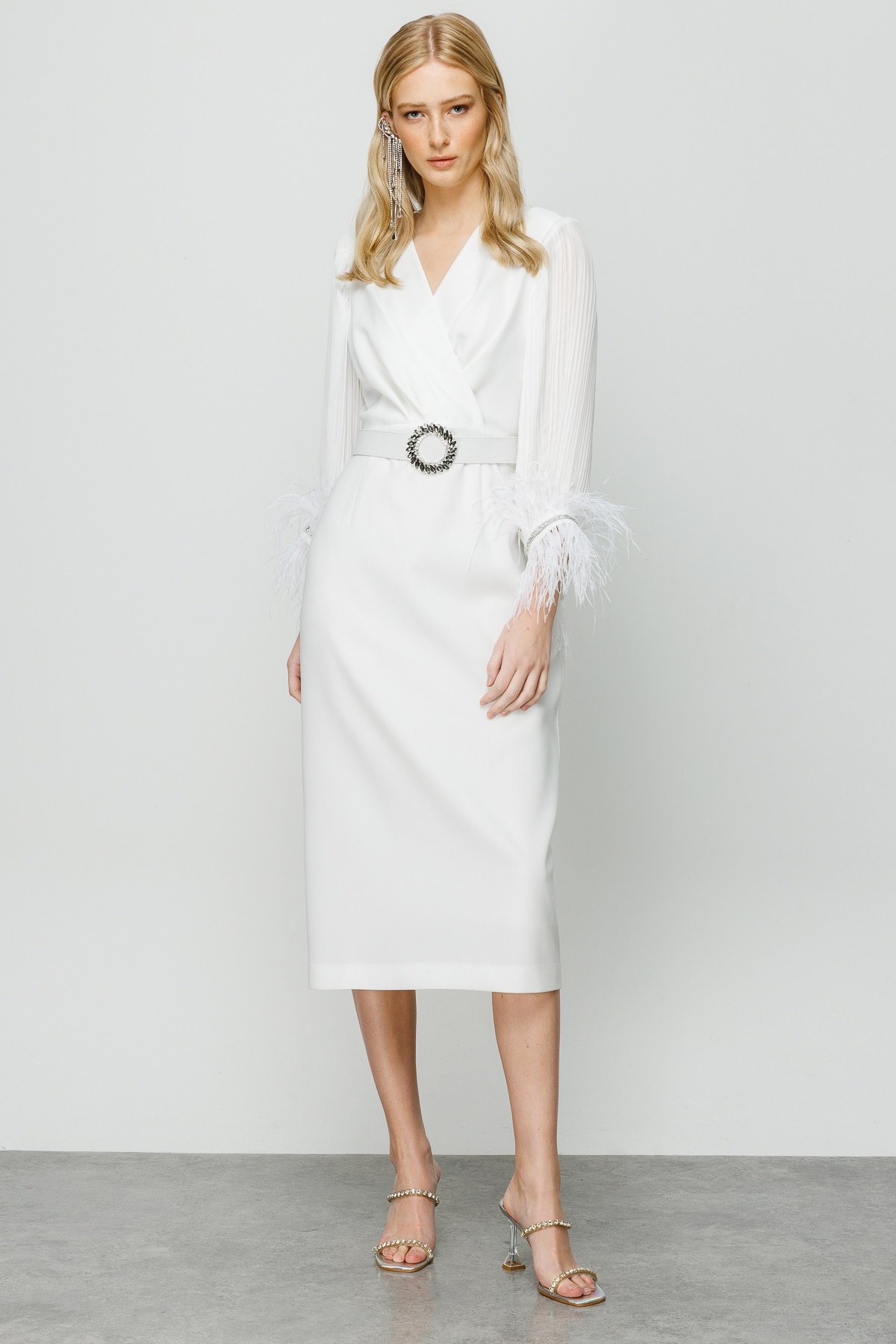 Modailgi  Kolları Pliseli Manşeti Otrişli Uzun Elbise Ekru