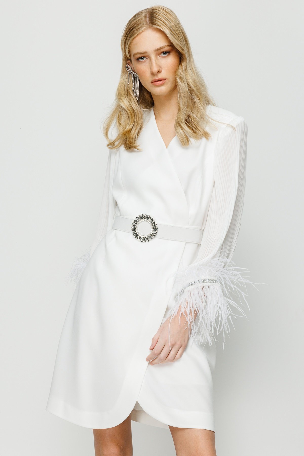 Modailgi  Kolları Pliseli Manşeti Otrişli Kısa Elbise Ekru