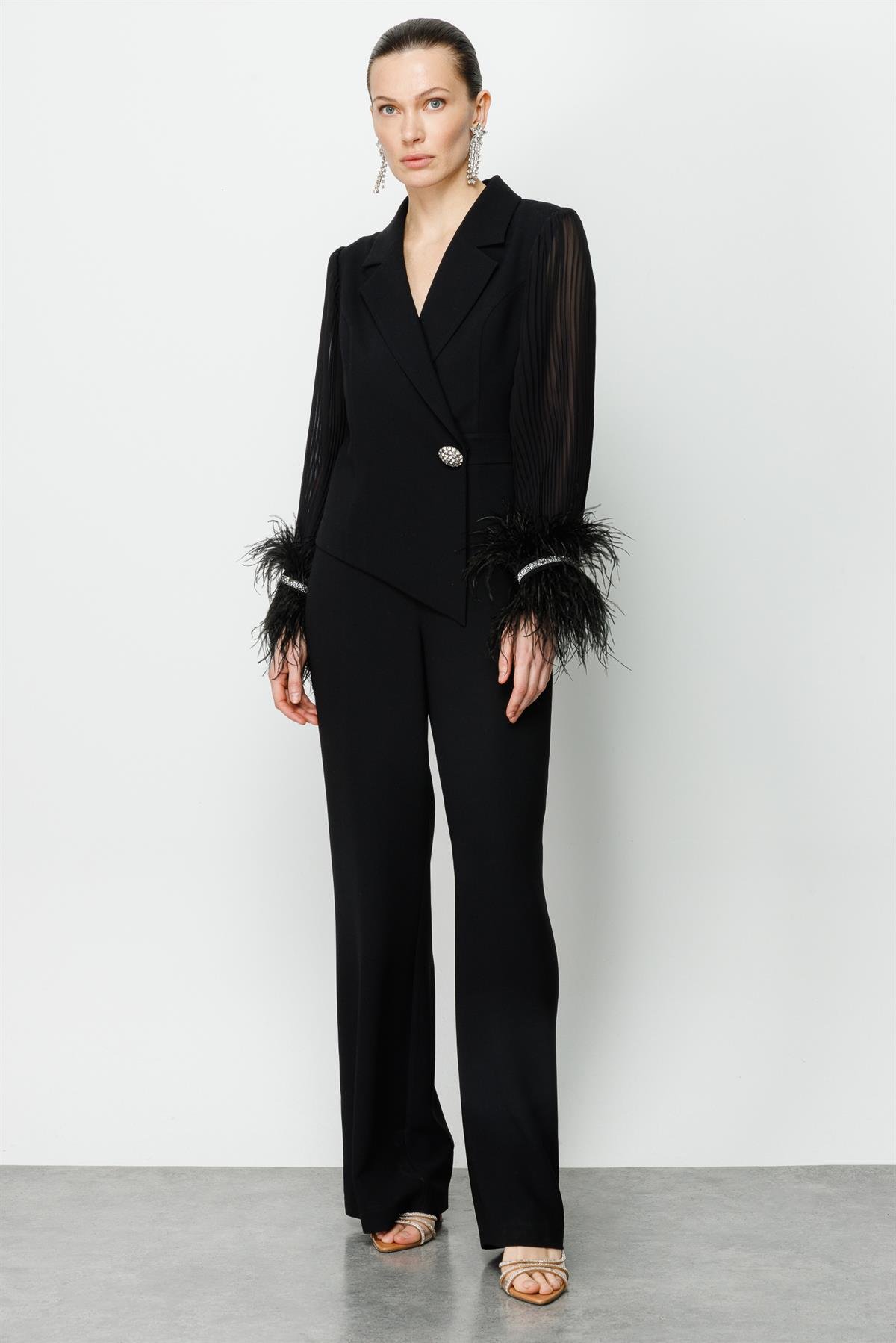 Modailgi  Kolları Pliseli Otrişli Tulum Siyah