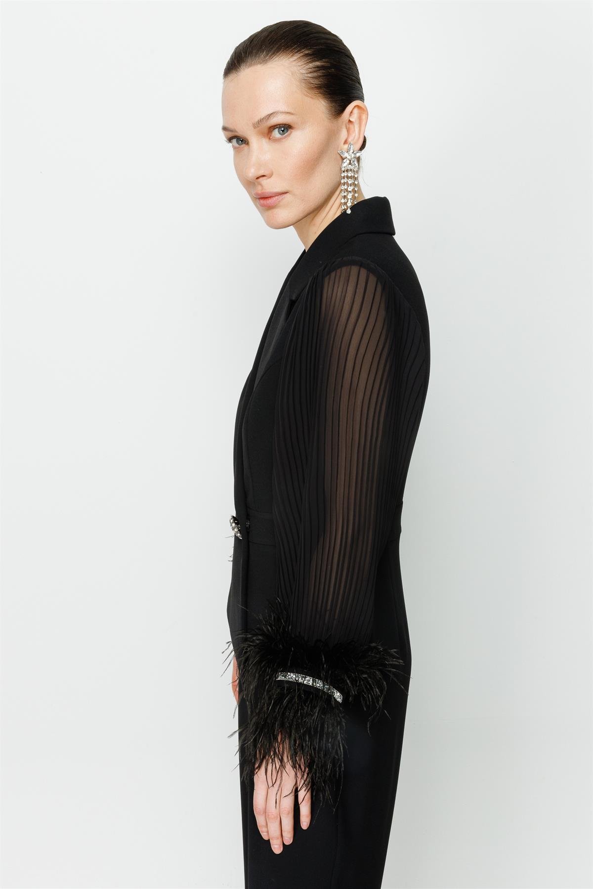 Modailgi  Kolları Pliseli Otrişli Tulum Siyah