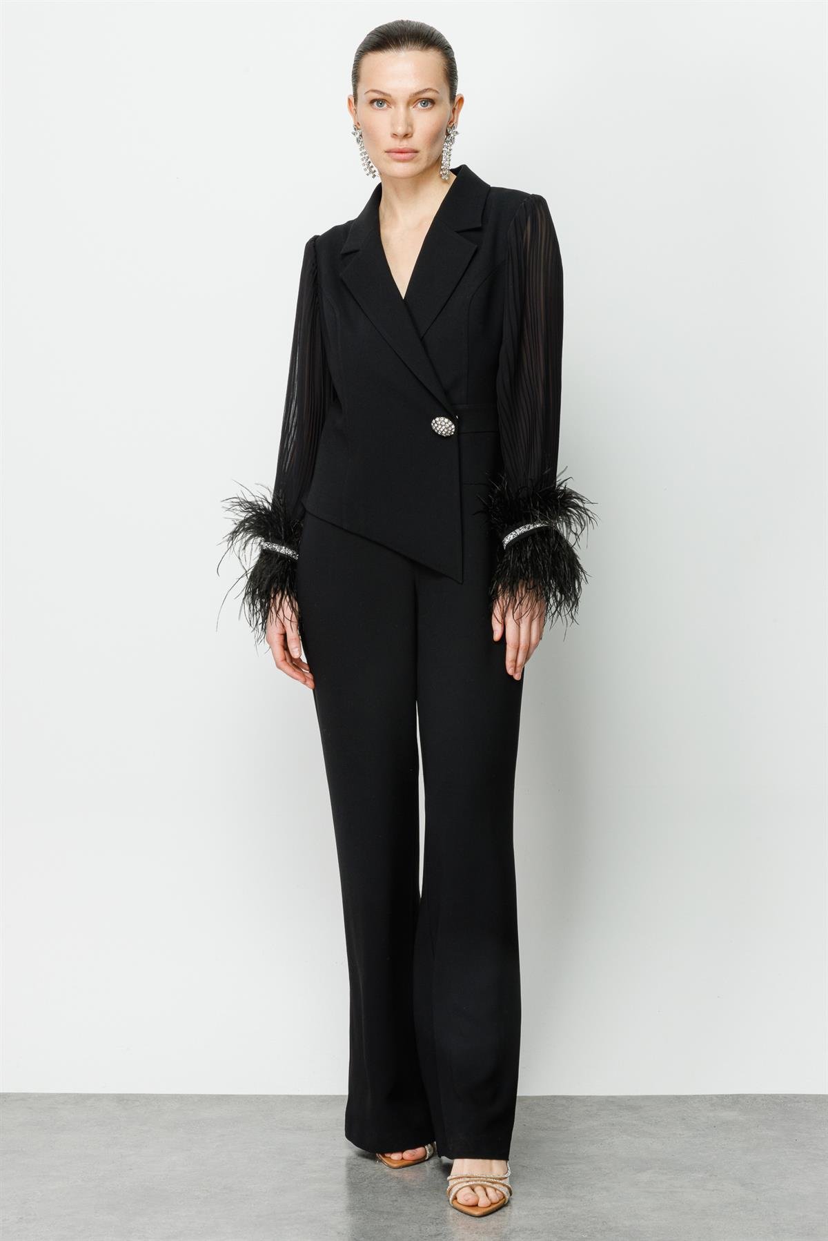 Modailgi  Kolları Pliseli Otrişli Tulum Siyah