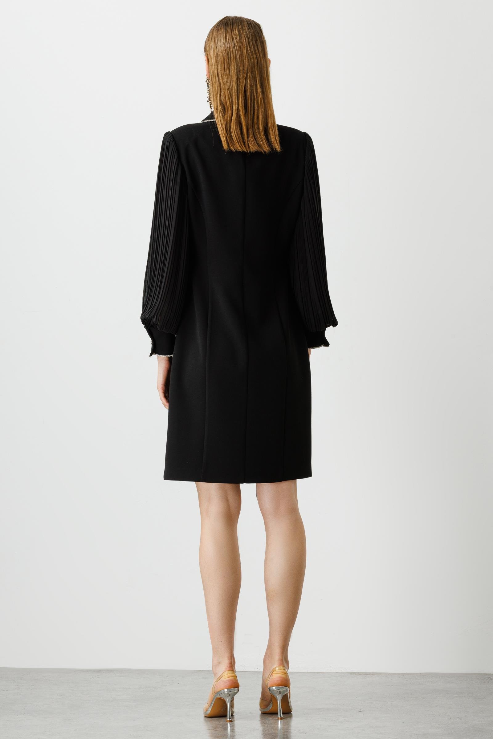 Modailgi  Kolları Pliseli Taş Şeritli Elbise Siyah