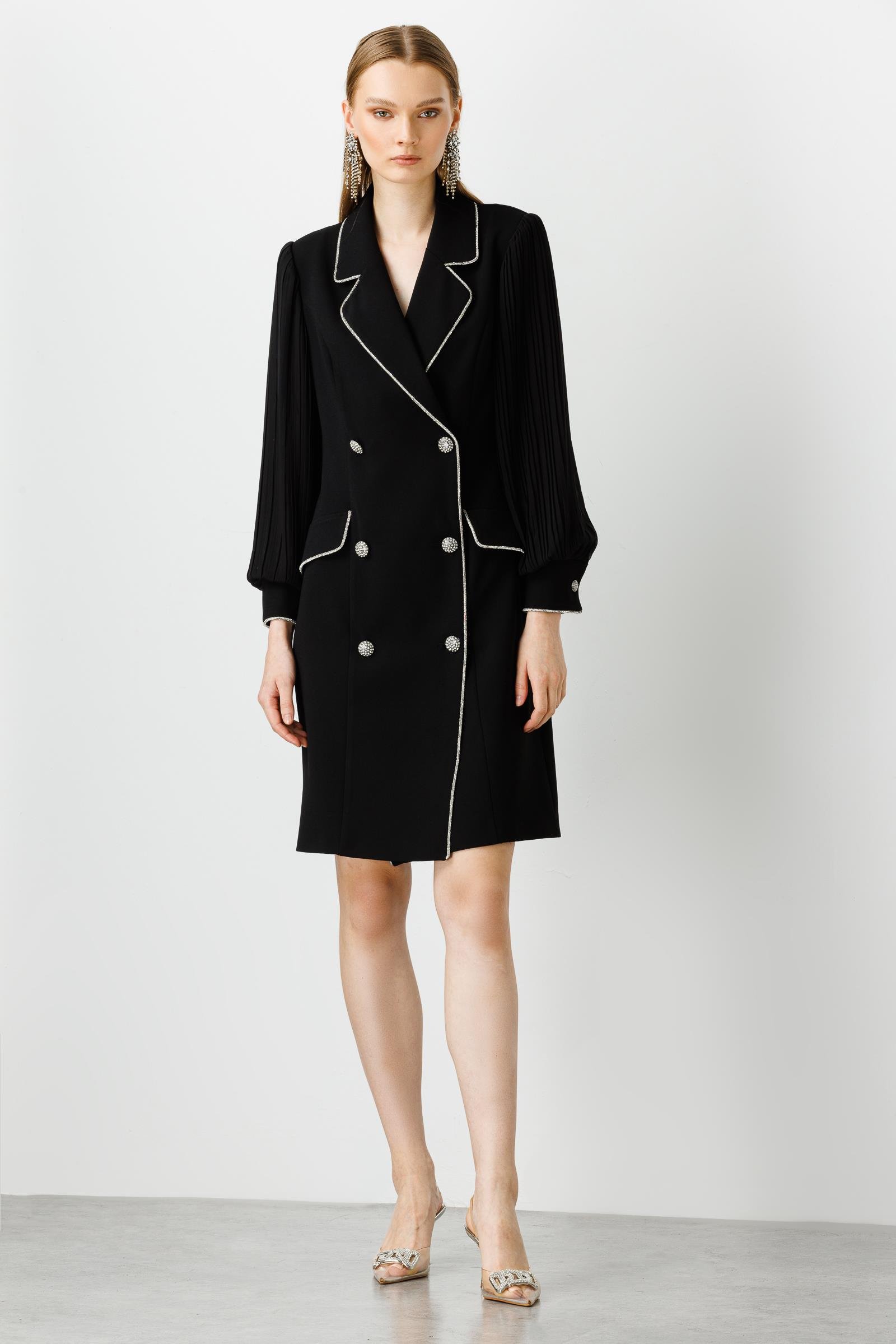 Modailgi  Kolları Pliseli Taş Şeritli Elbise Siyah