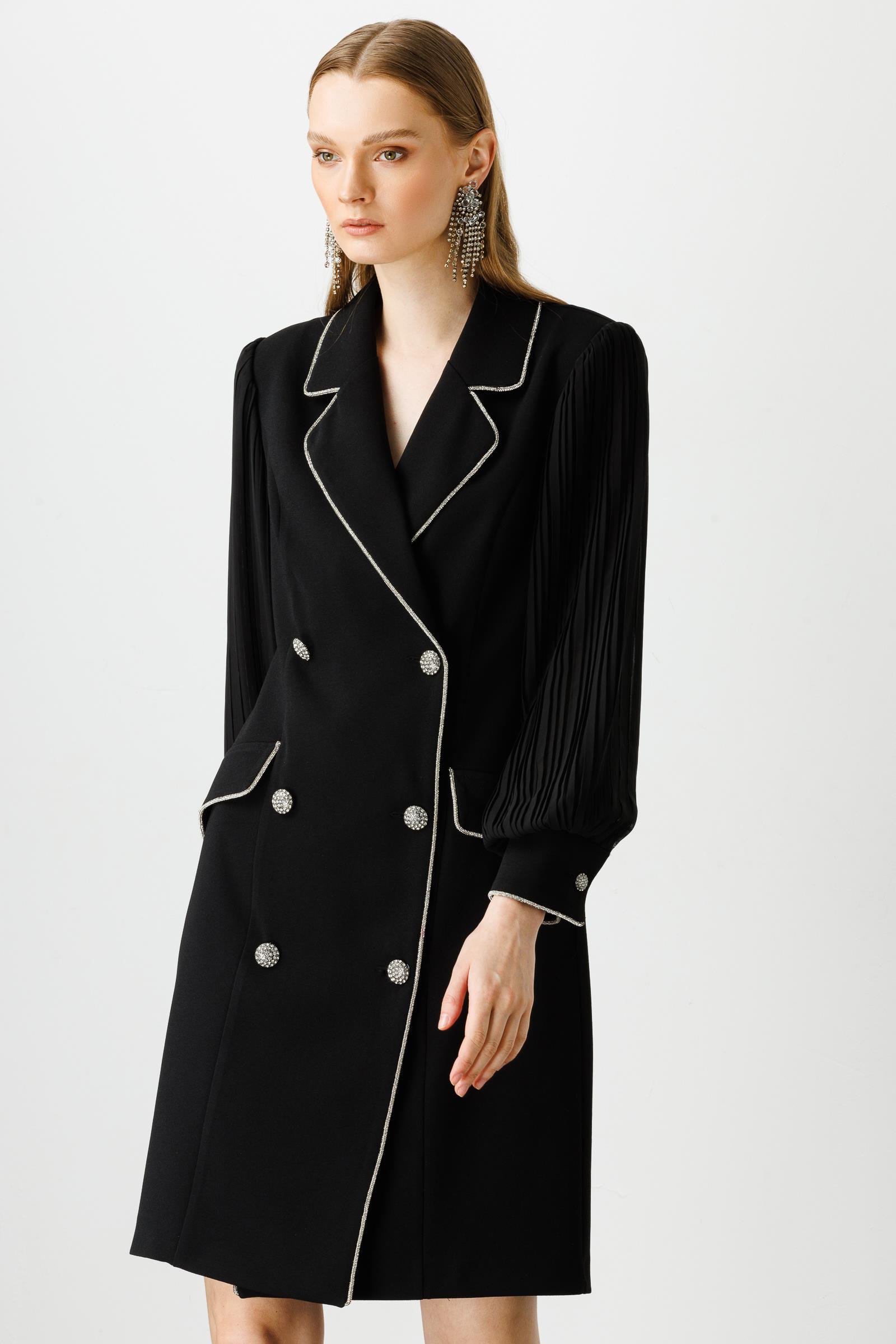 Modailgi  Kolları Pliseli Taş Şeritli Elbise Siyah