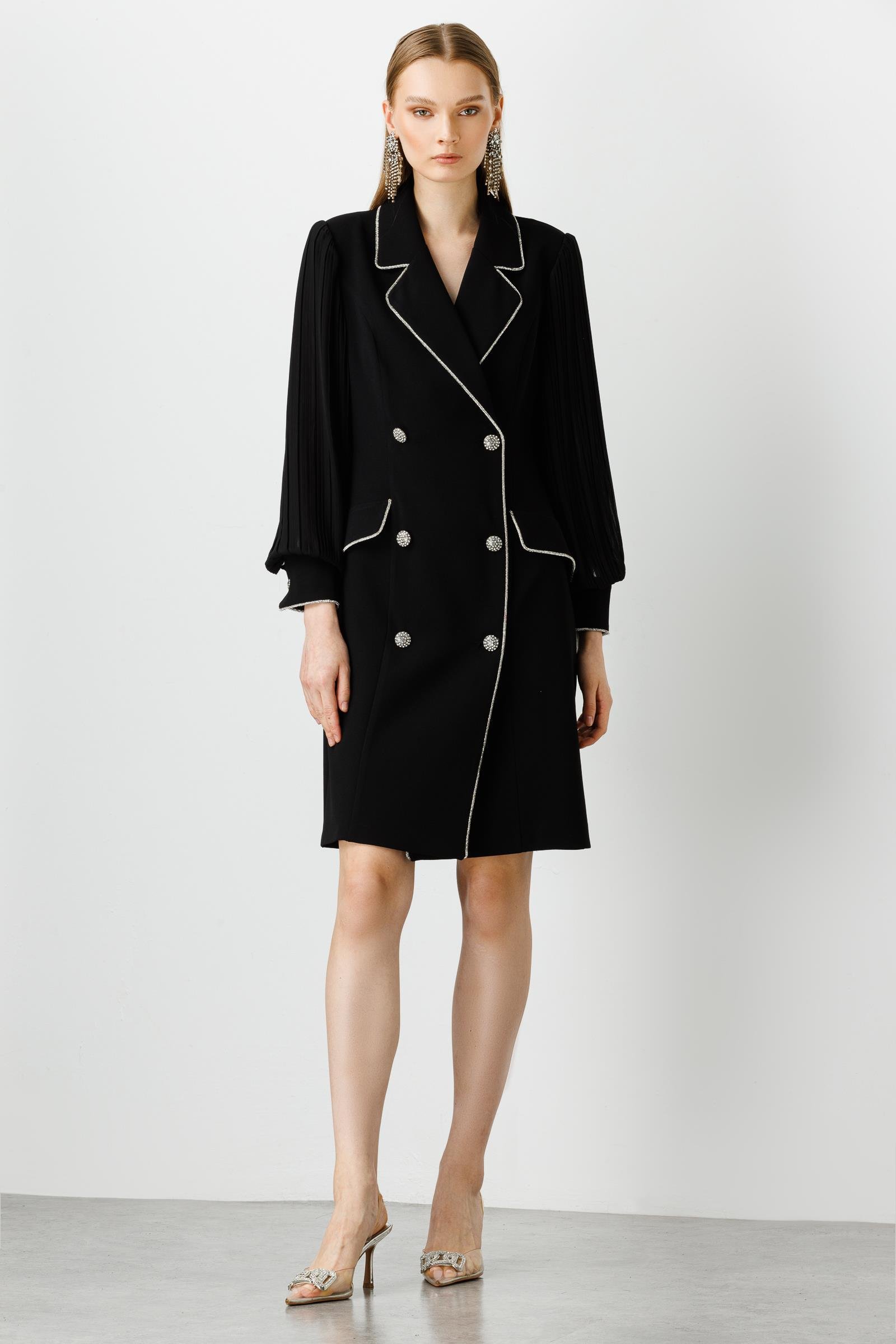 Modailgi  Kolları Pliseli Taş Şeritli Elbise Siyah