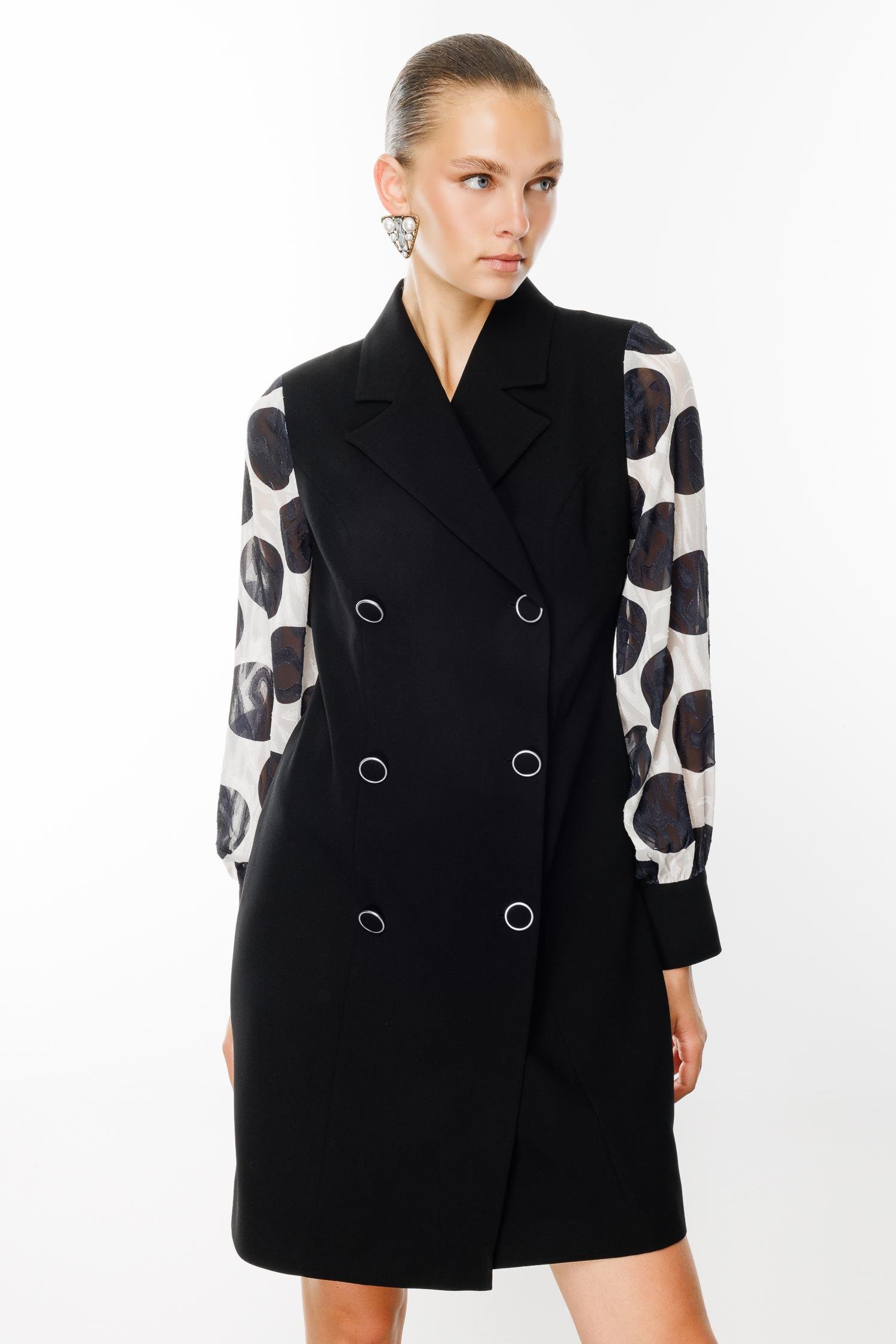 Modailgi  Kolları Puan Jakarlı Kruvaze Elbise Siyah