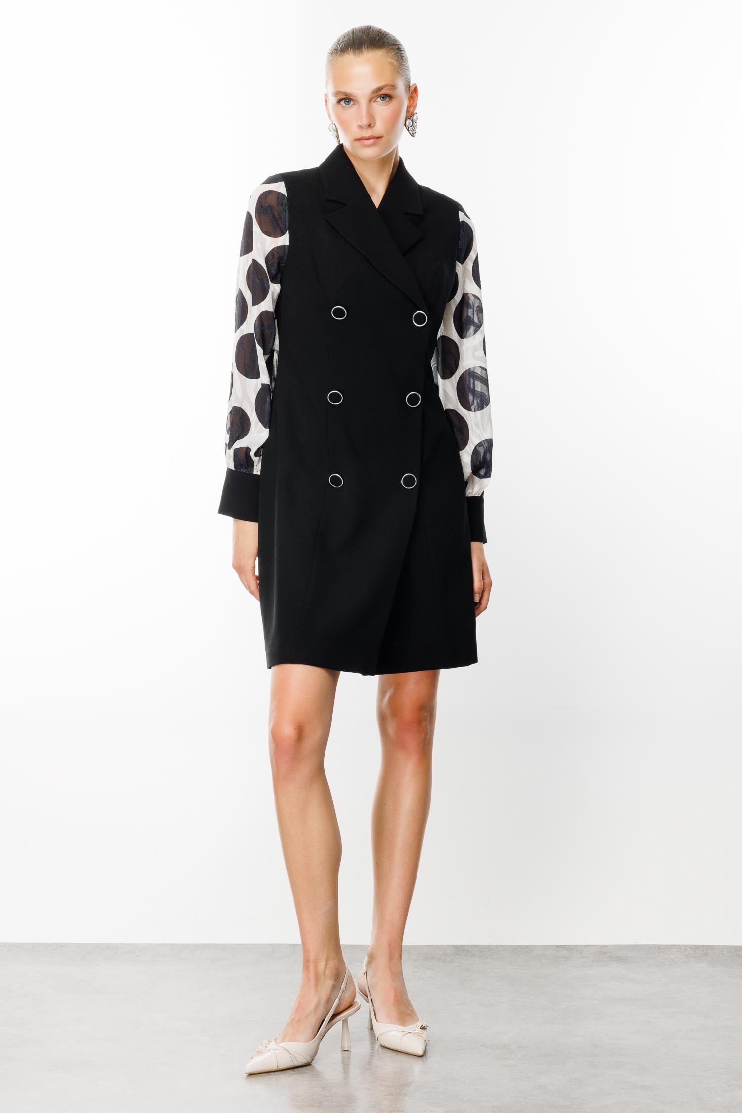 Modailgi  Kolları Puan Jakarlı Kruvaze Elbise Siyah