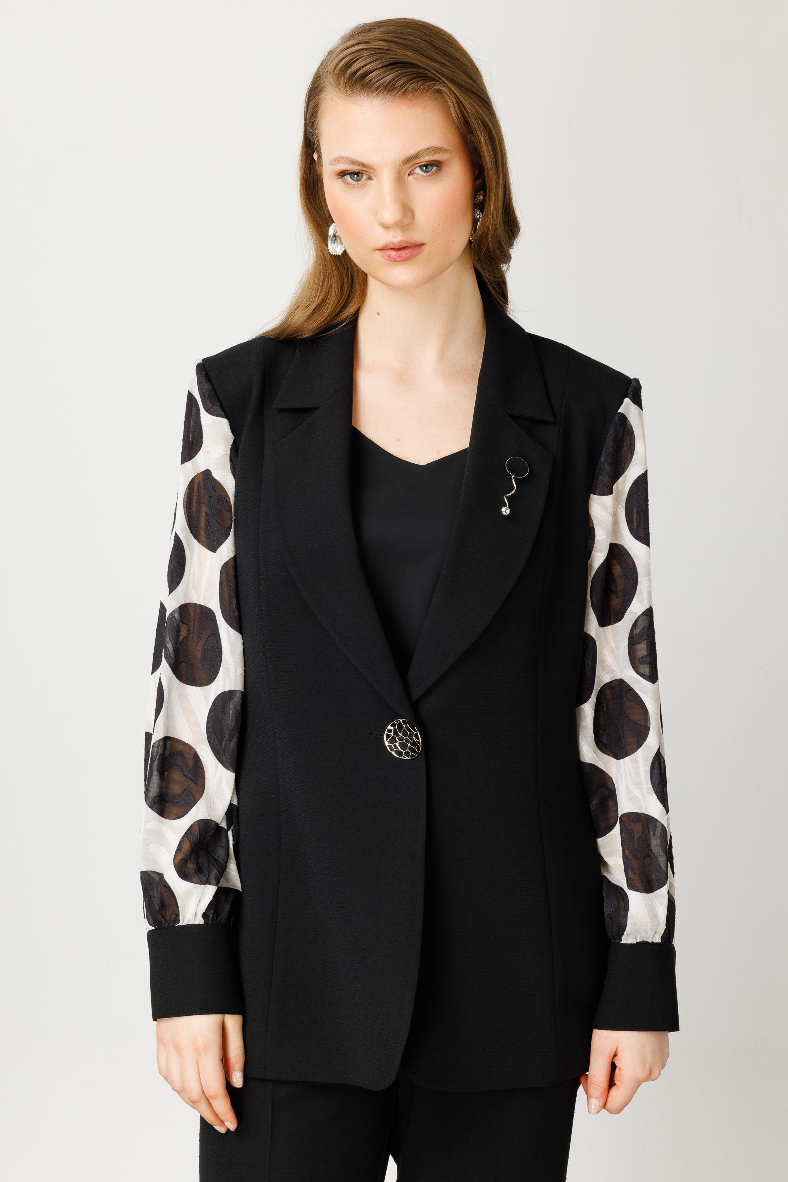 Modailgi  Kolları Puantiye Desenli Tek Düğme Ceket Siyah