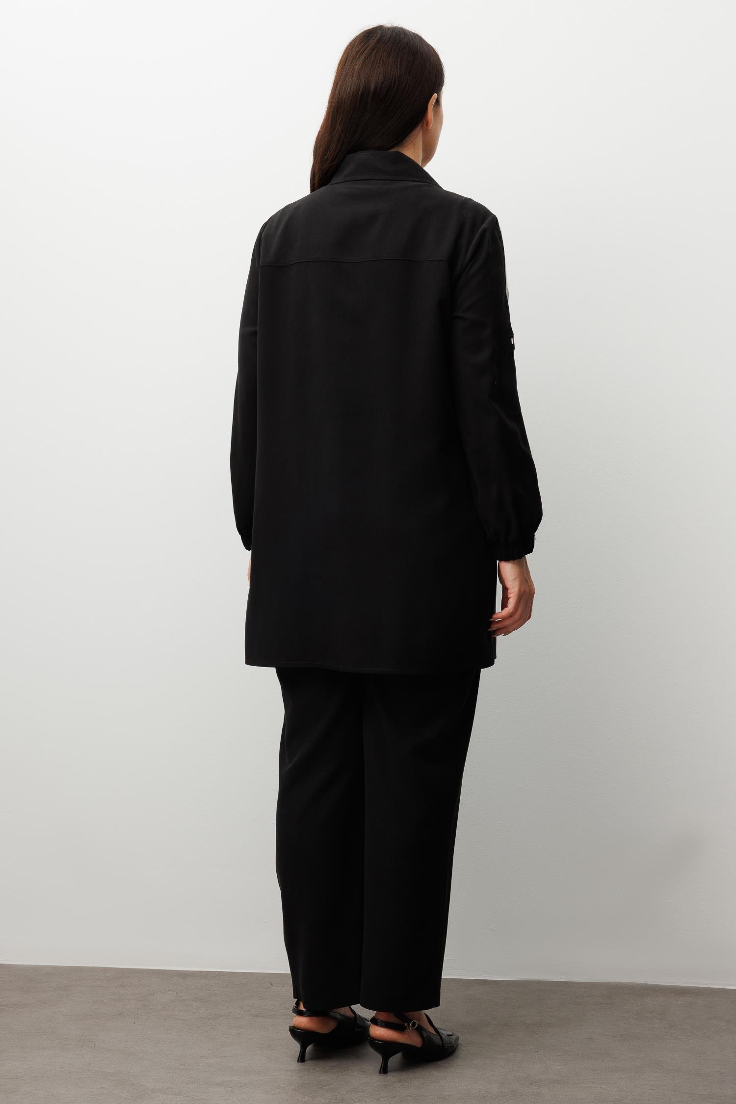 Modailgi  Kolları Ribana Detaylı Yakası İncili Tunik Takım Siyah