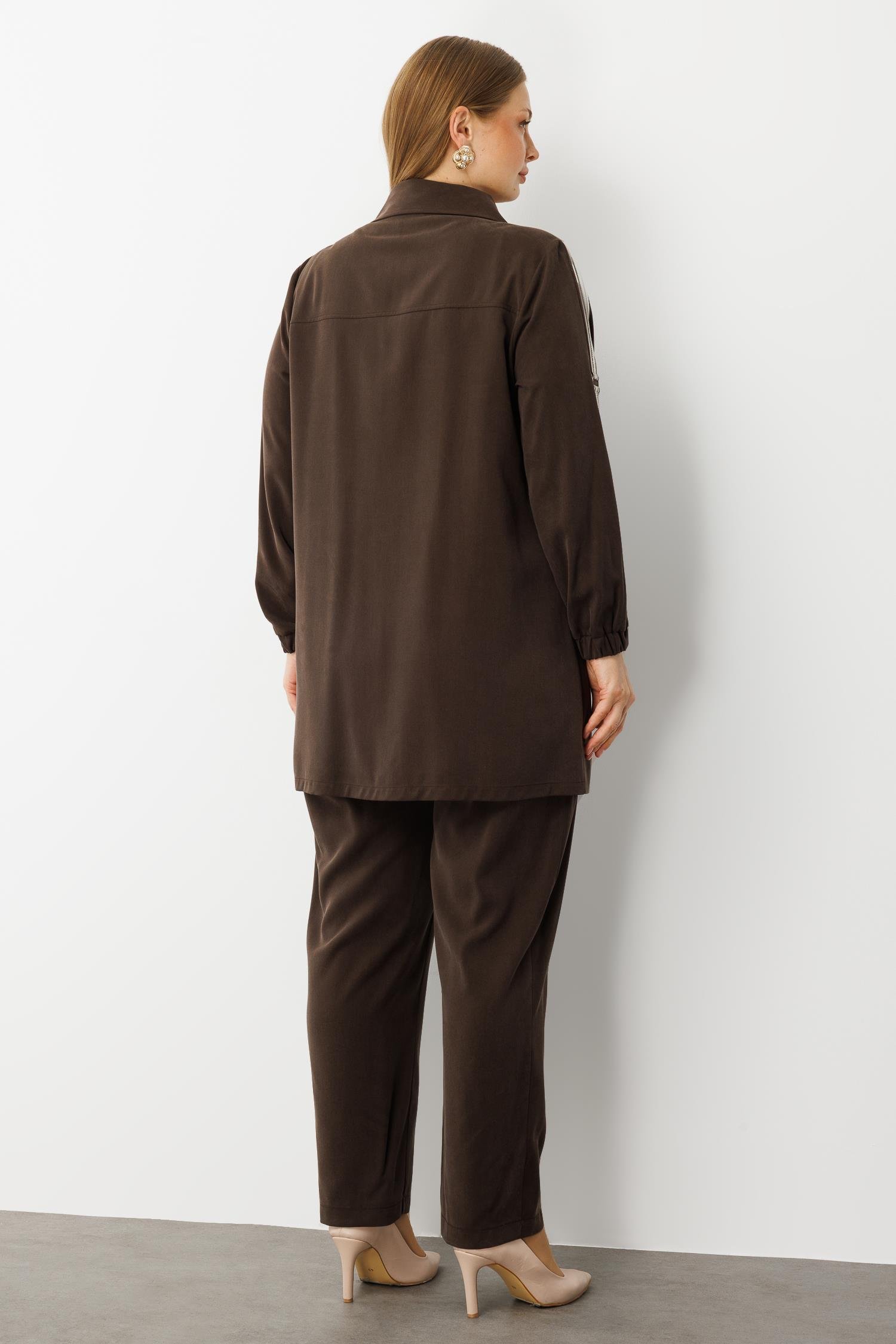Modailgi  Kolları Ribana Detaylı Yakası İncili Tunik Takım Kahve