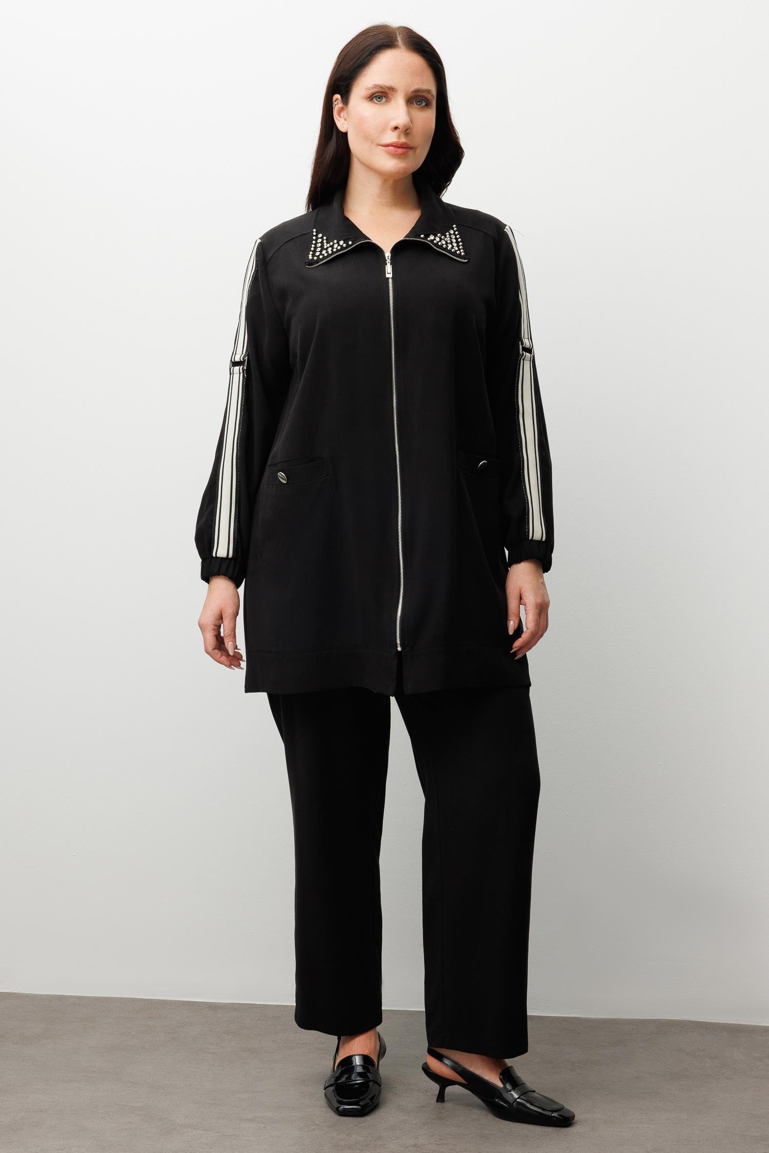 Modailgi  Kolları Ribana Detaylı Yakası İncili Tunik Takım Siyah