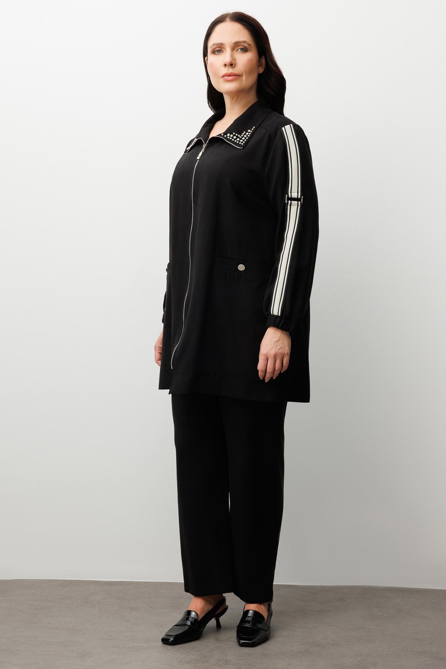 Modailgi  Kolları Ribana Detaylı Yakası İncili Tunik Takım Siyah