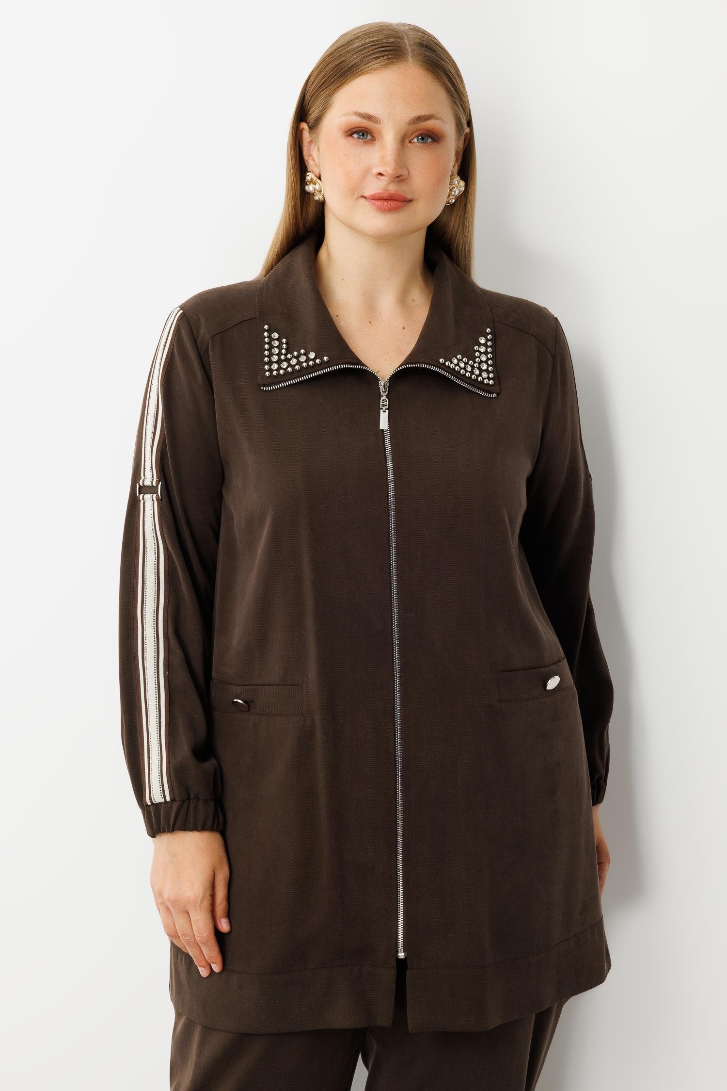 Modailgi  Kolları Ribana Detaylı Yakası İncili Tunik Takım Kahve