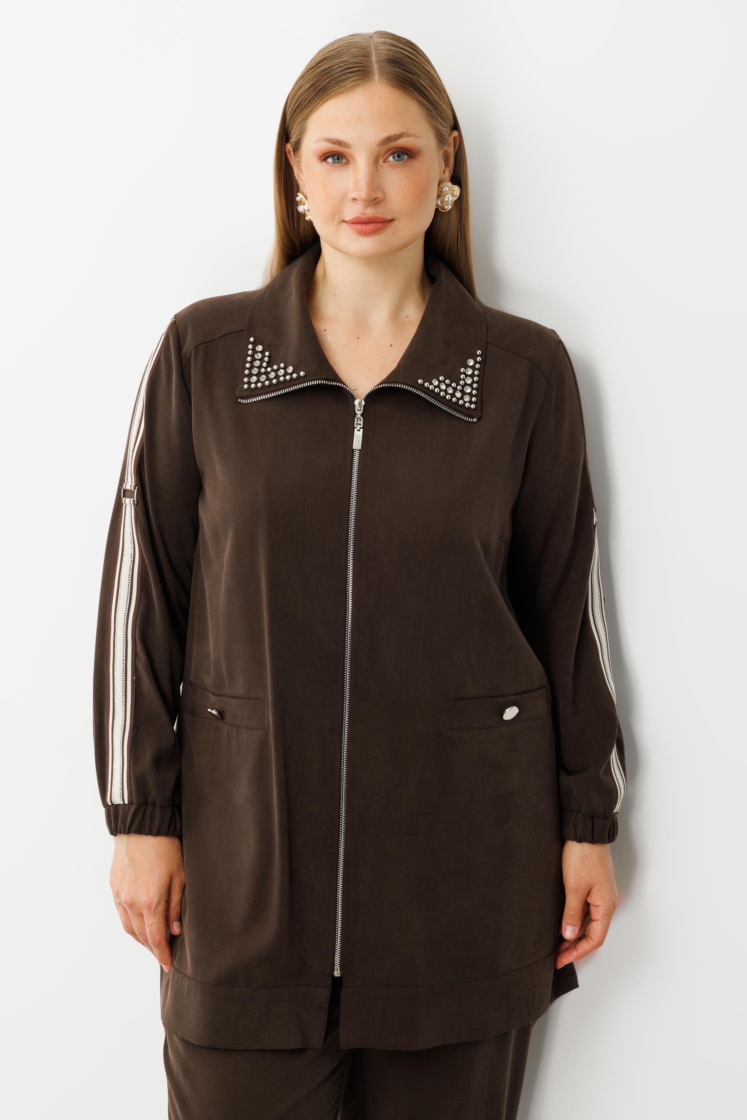 Modailgi  Kolları Ribana Detaylı Yakası İncili Tunik Takım Kahve