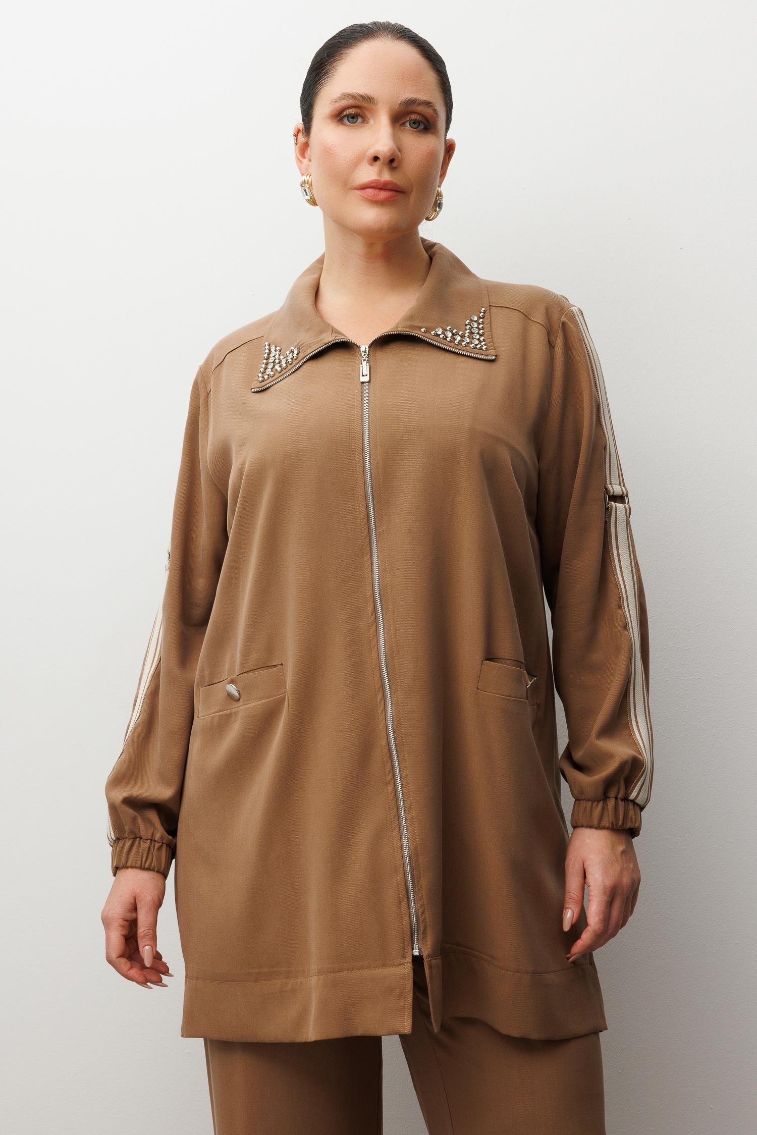 Modailgi  Kolları Ribana Detaylı Yakası İncili Tunik Takım Vizon