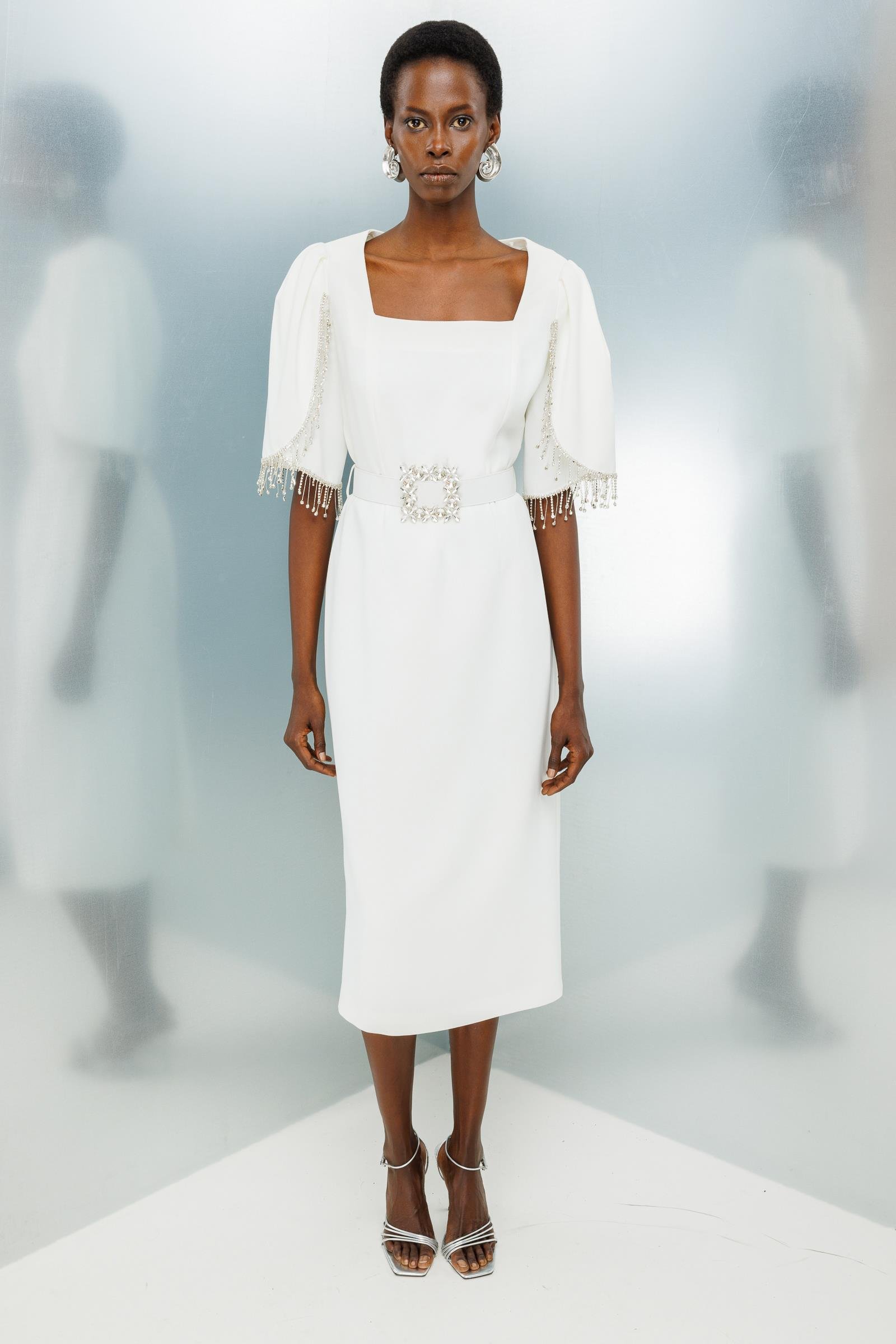 Modailgi  Kolları Şerit Aksesuarlı Elbise Ekru