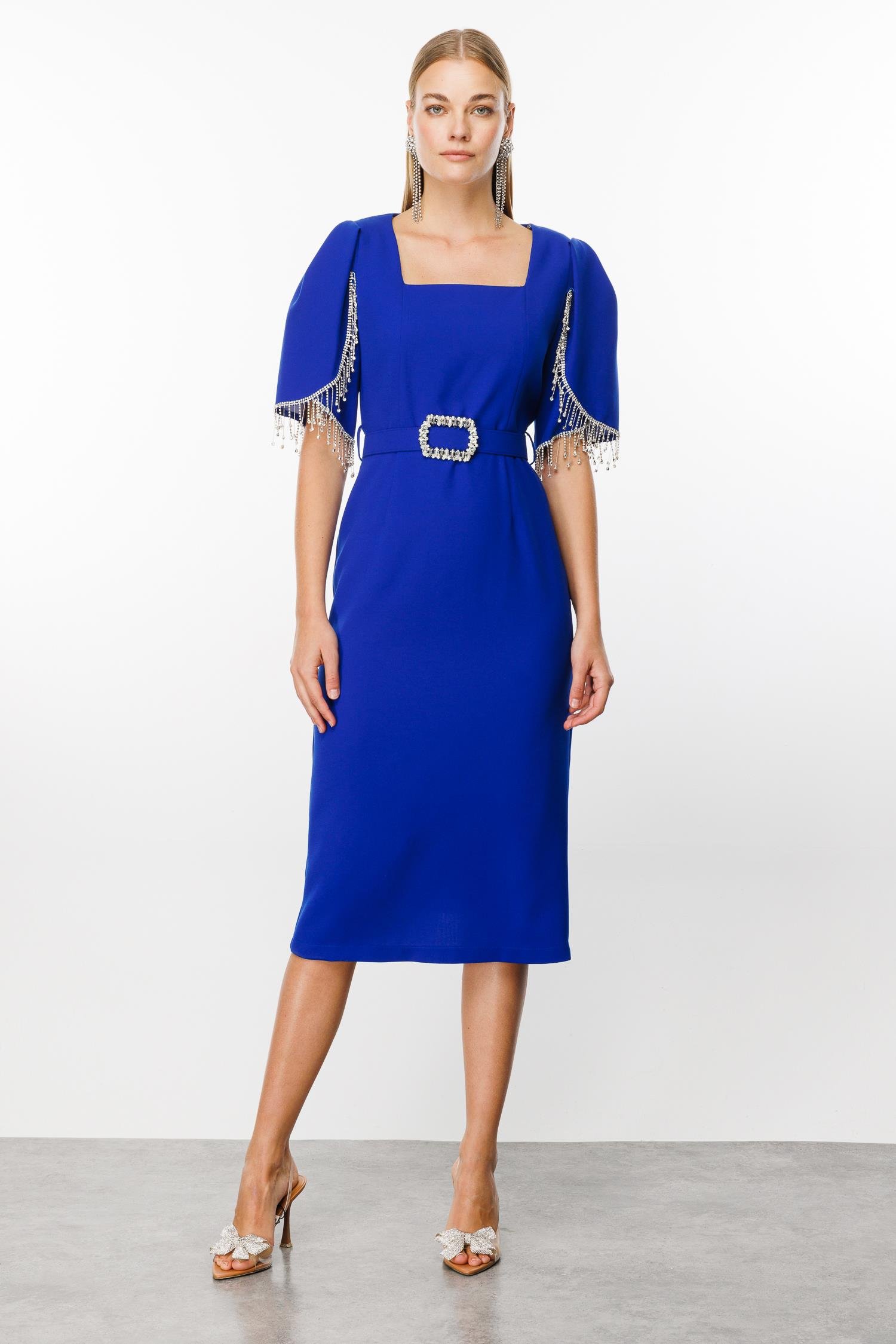 Modailgi  Kolları Şerit Aksesuarlı Elbise Saks