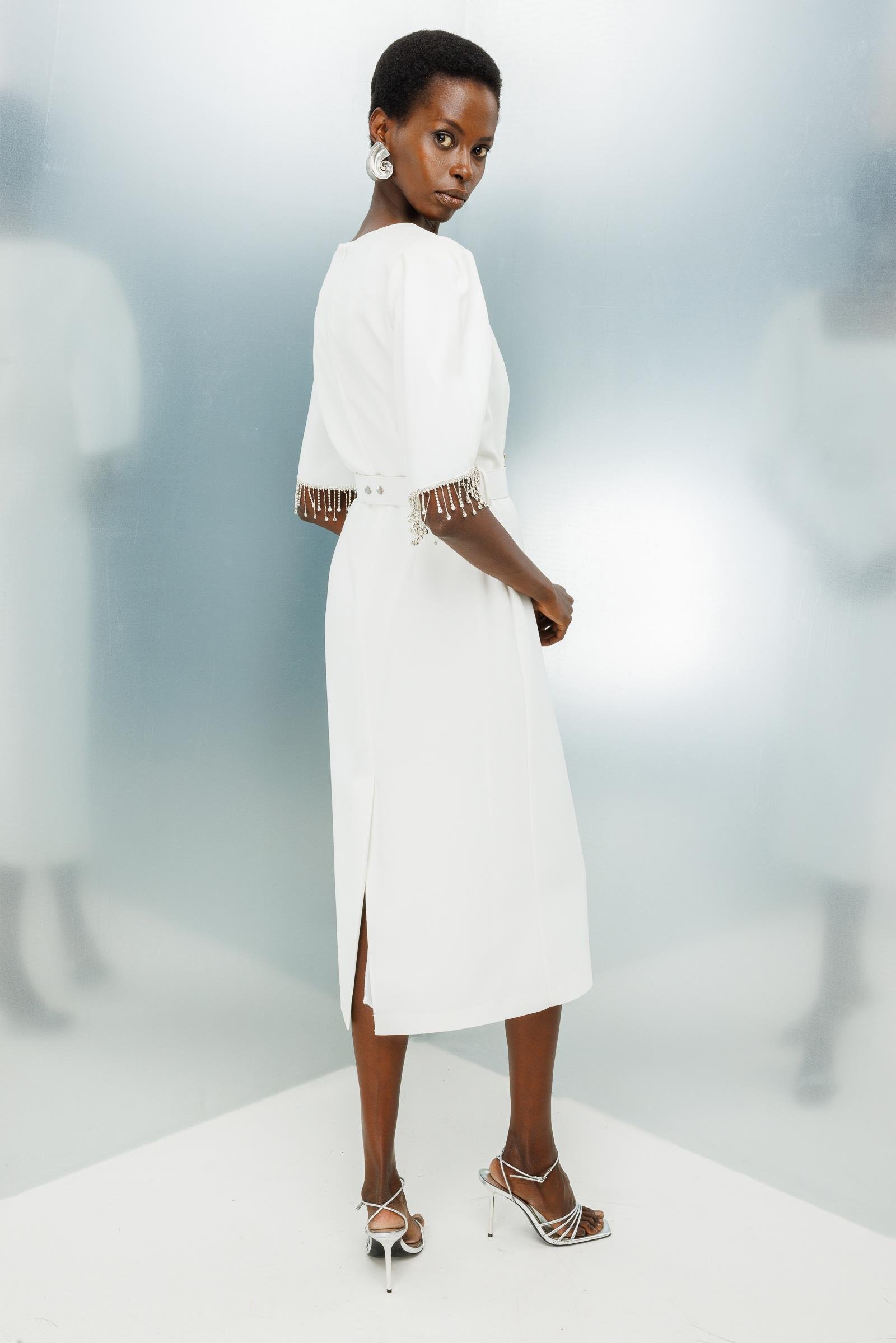 Modailgi  Kolları Şerit Aksesuarlı Elbise Ekru