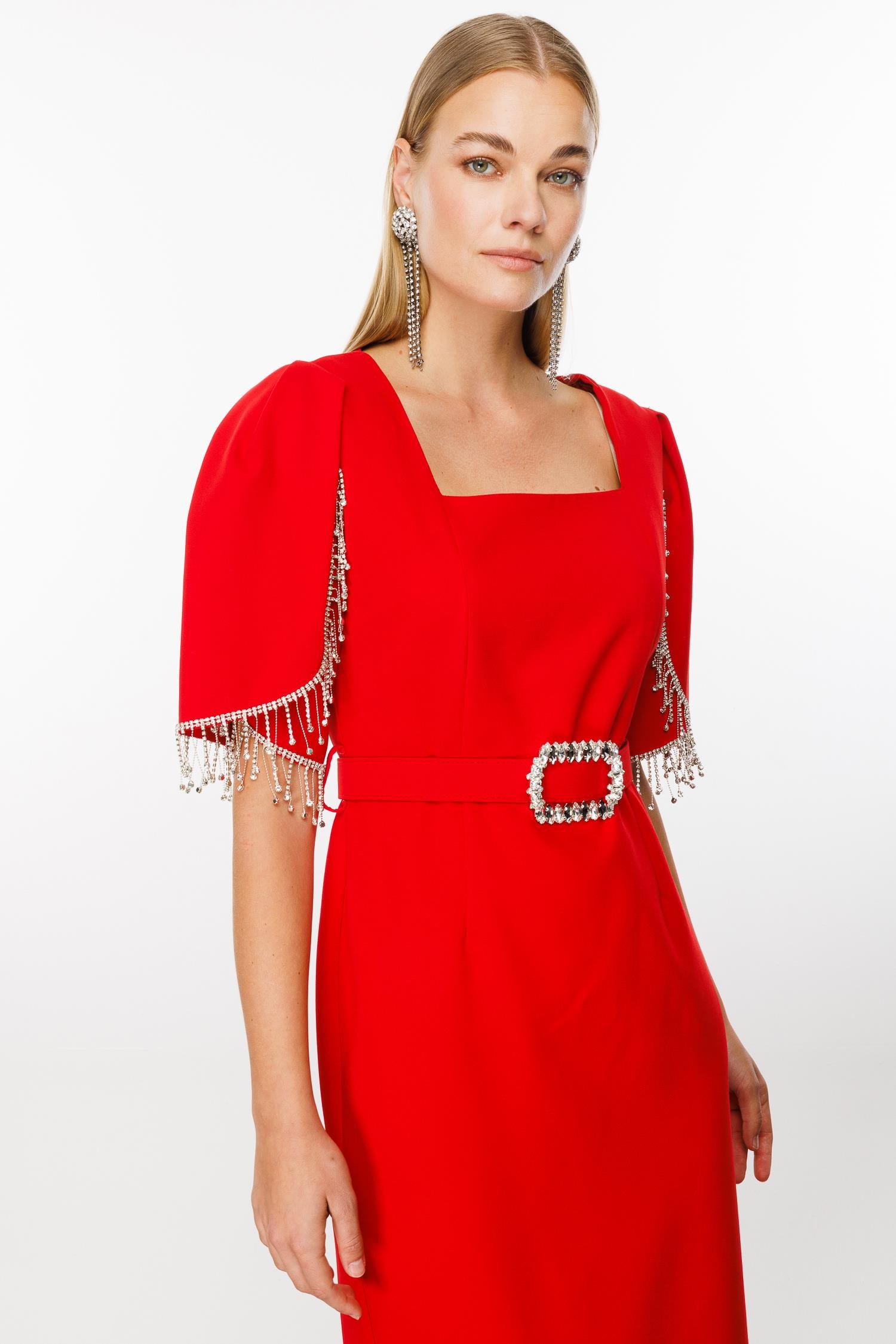 Modailgi  Kolları Şerit Aksesuarlı Elbise Kırmızı