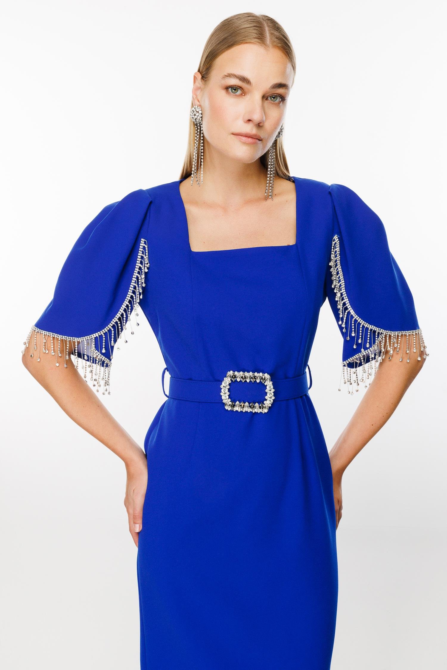 Modailgi  Kolları Şerit Aksesuarlı Elbise Saks