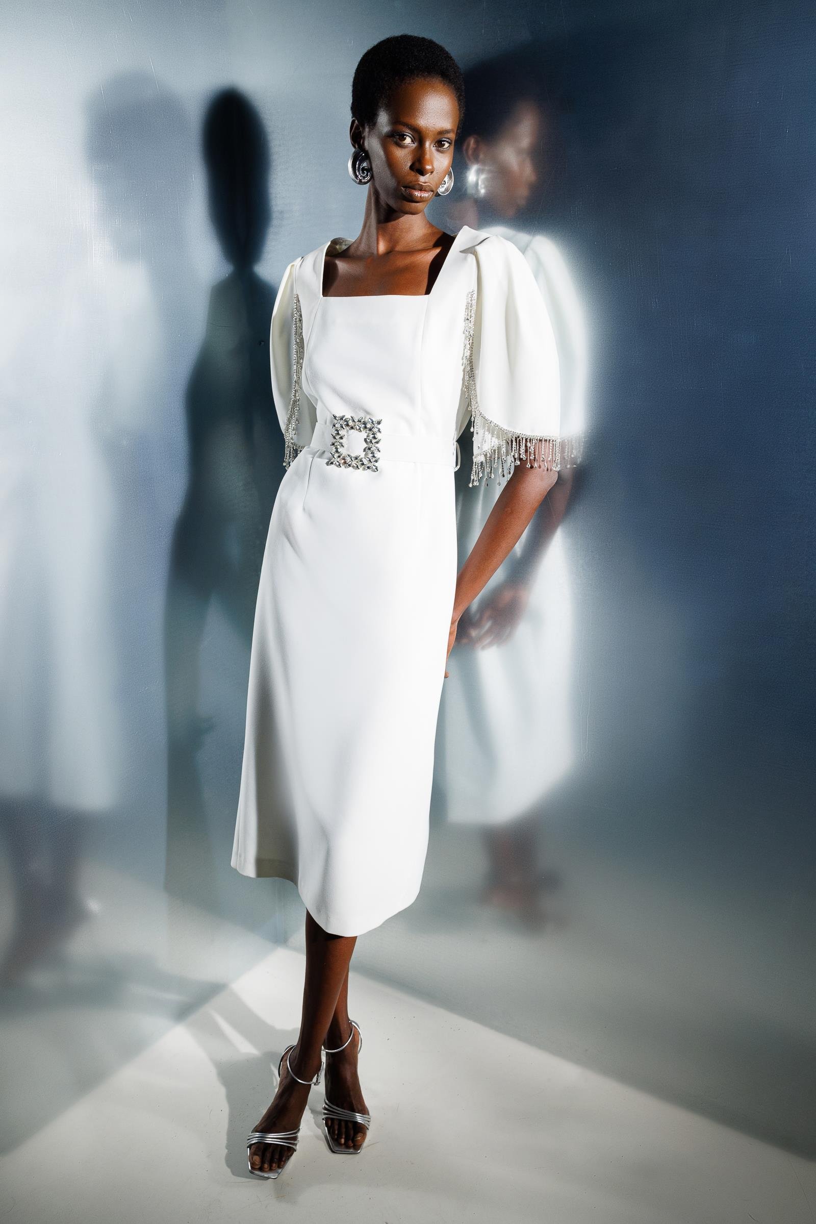 Modailgi  Kolları Şerit Aksesuarlı Elbise Ekru