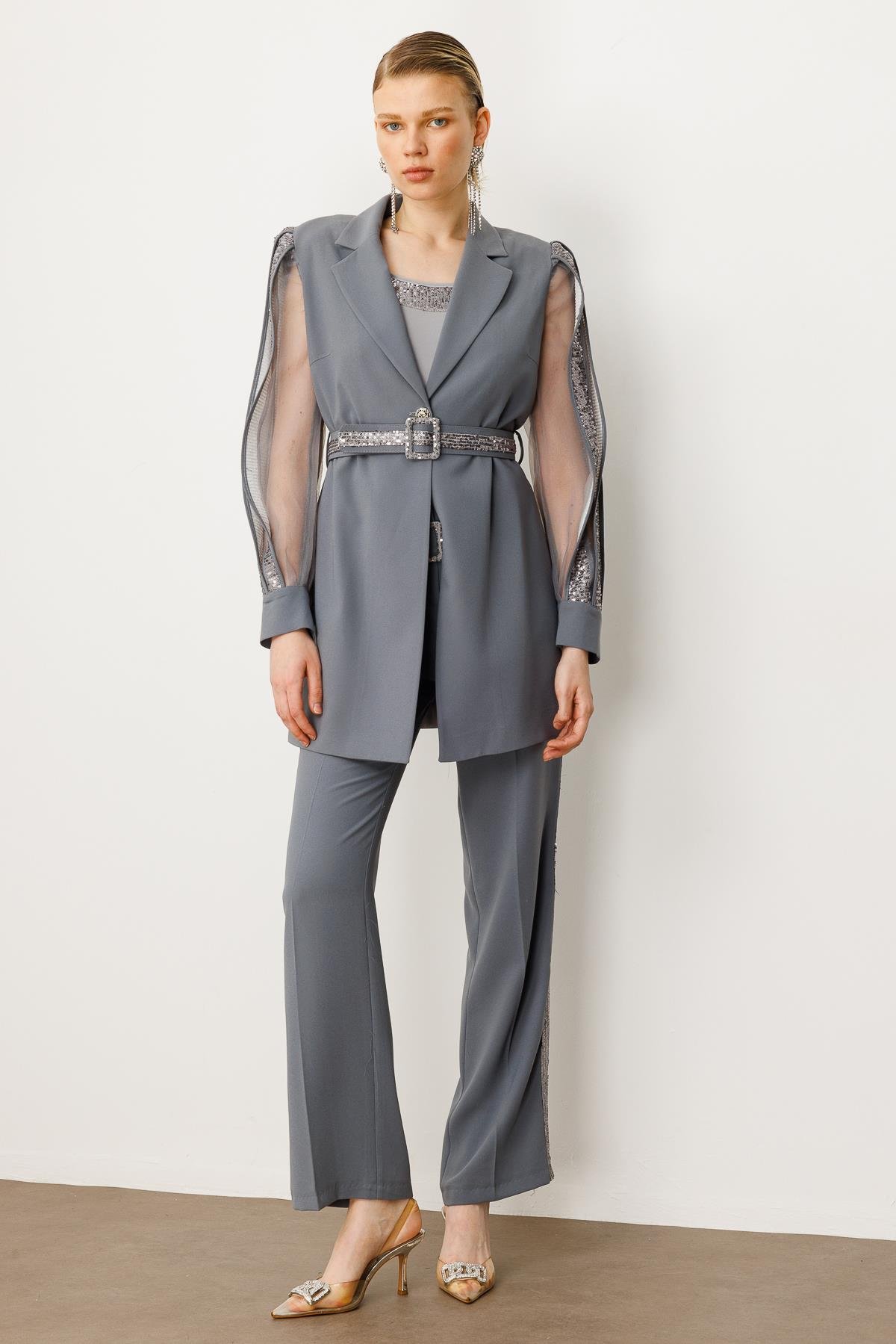 Modailgi  Kolları Şerit Pul Payet Atletli Ceket Gümüş