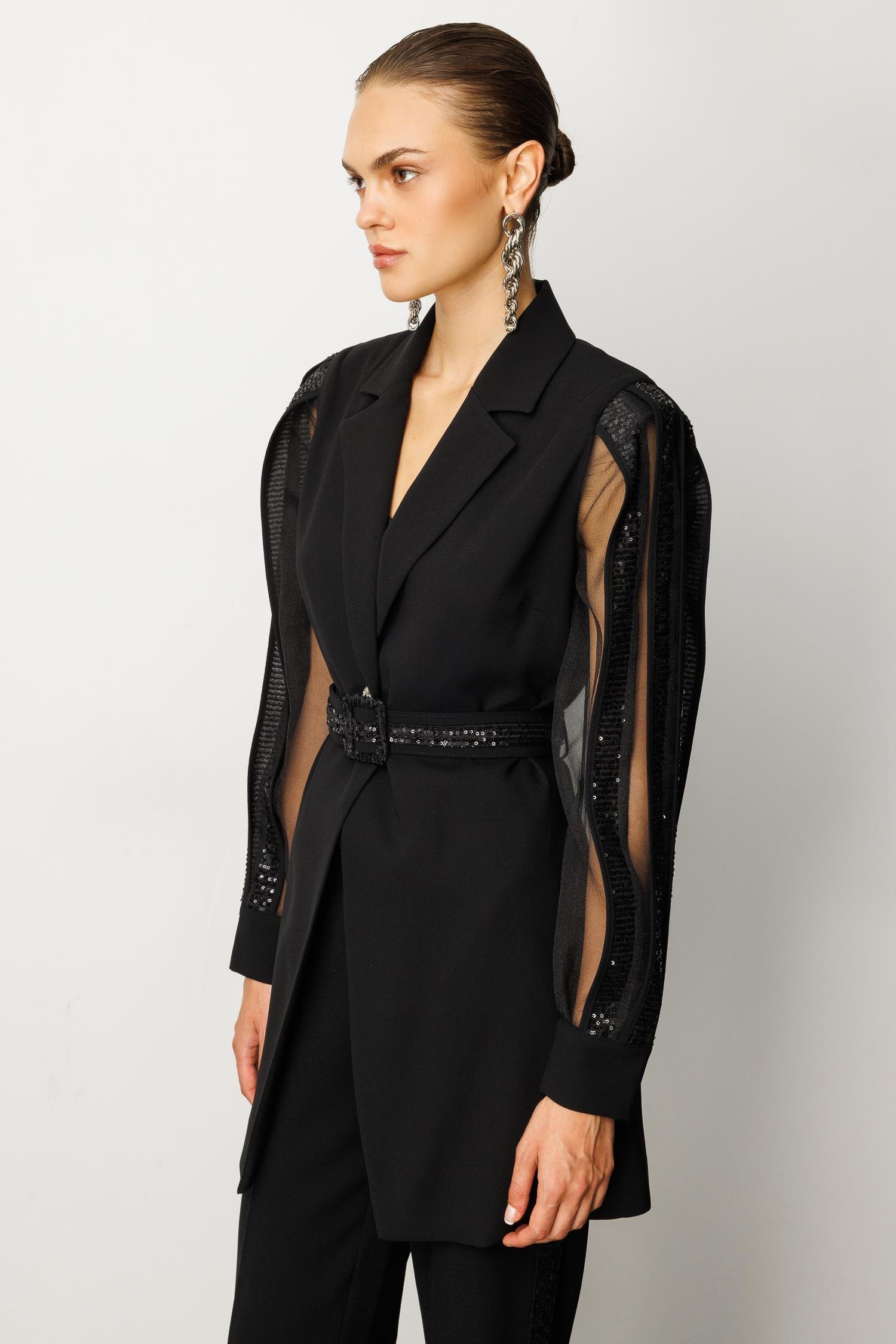 Modailgi  Kolları Şerit Pul Payet Atletli Ceket Siyah