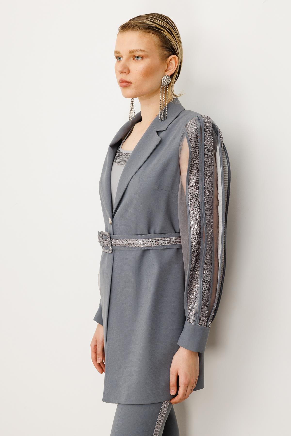 Modailgi  Kolları Şerit Pul Payet Atletli Ceket Gümüş