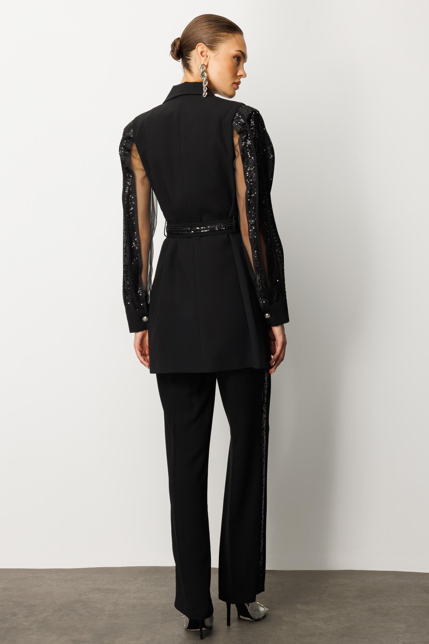 Modailgi  Kolları Şerit Pul Payet Atletli Ceket Siyah