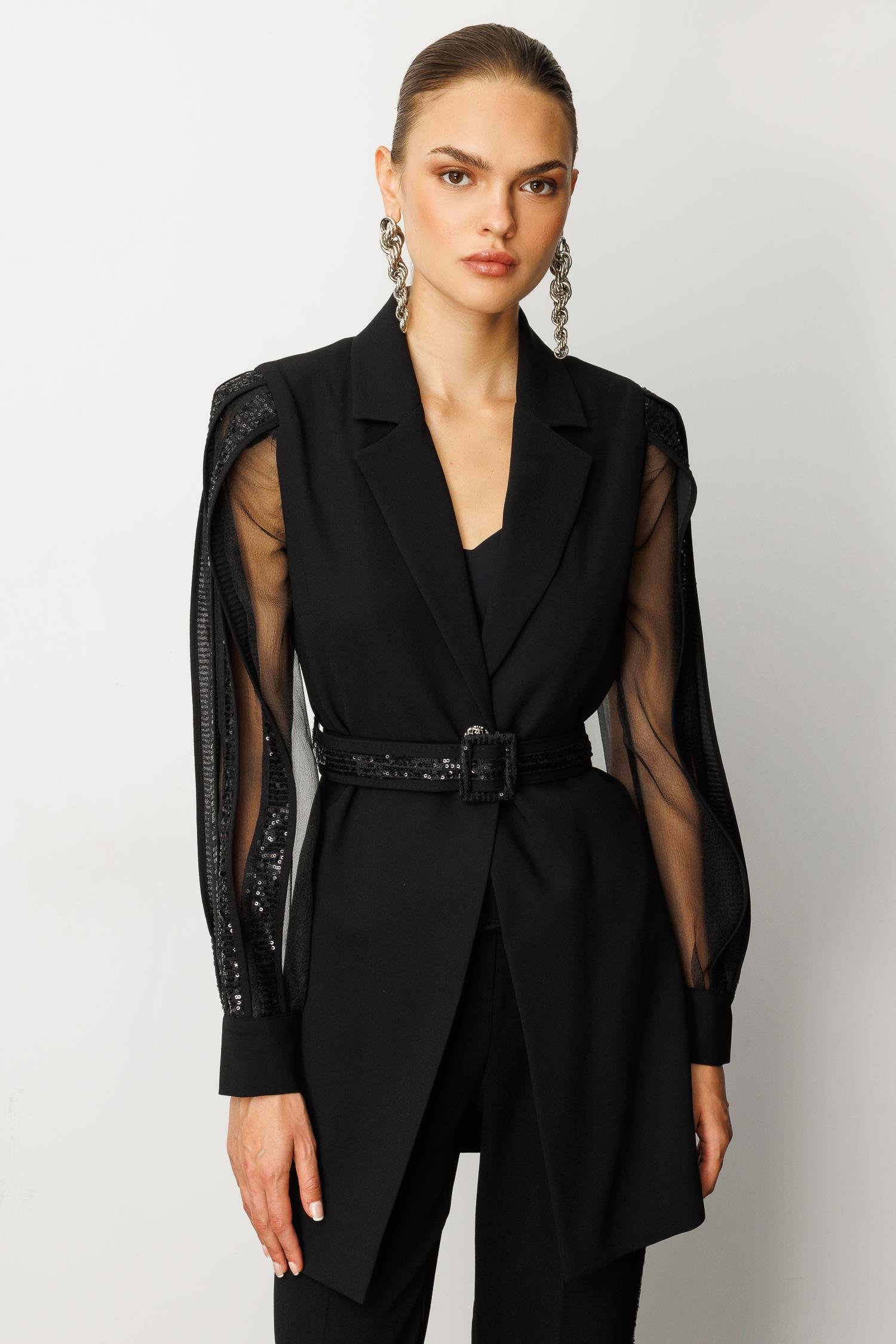 Modailgi  Kolları Şerit Pul Payet Atletli Ceket Siyah