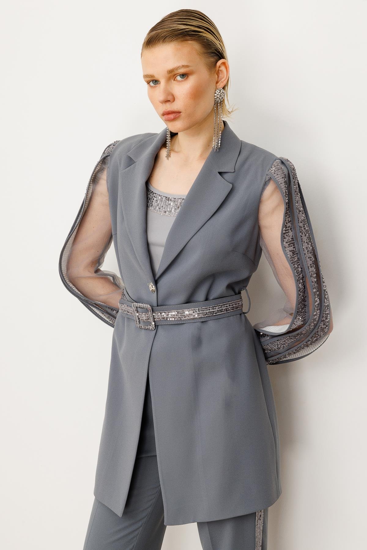 Modailgi  Kolları Şerit Pul Payet Atletli Ceket Gümüş