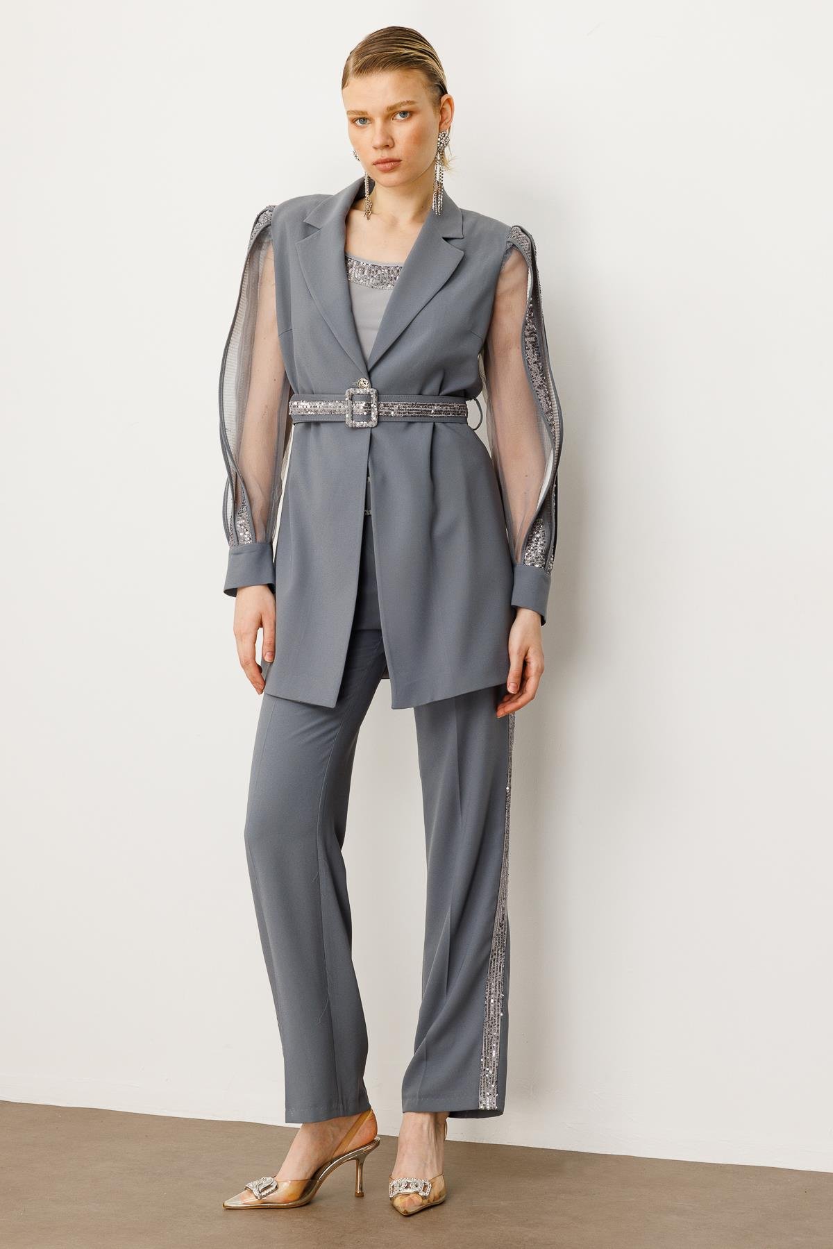 Modailgi  Kolları Şerit Pul Payet Atletli Ceket Gümüş