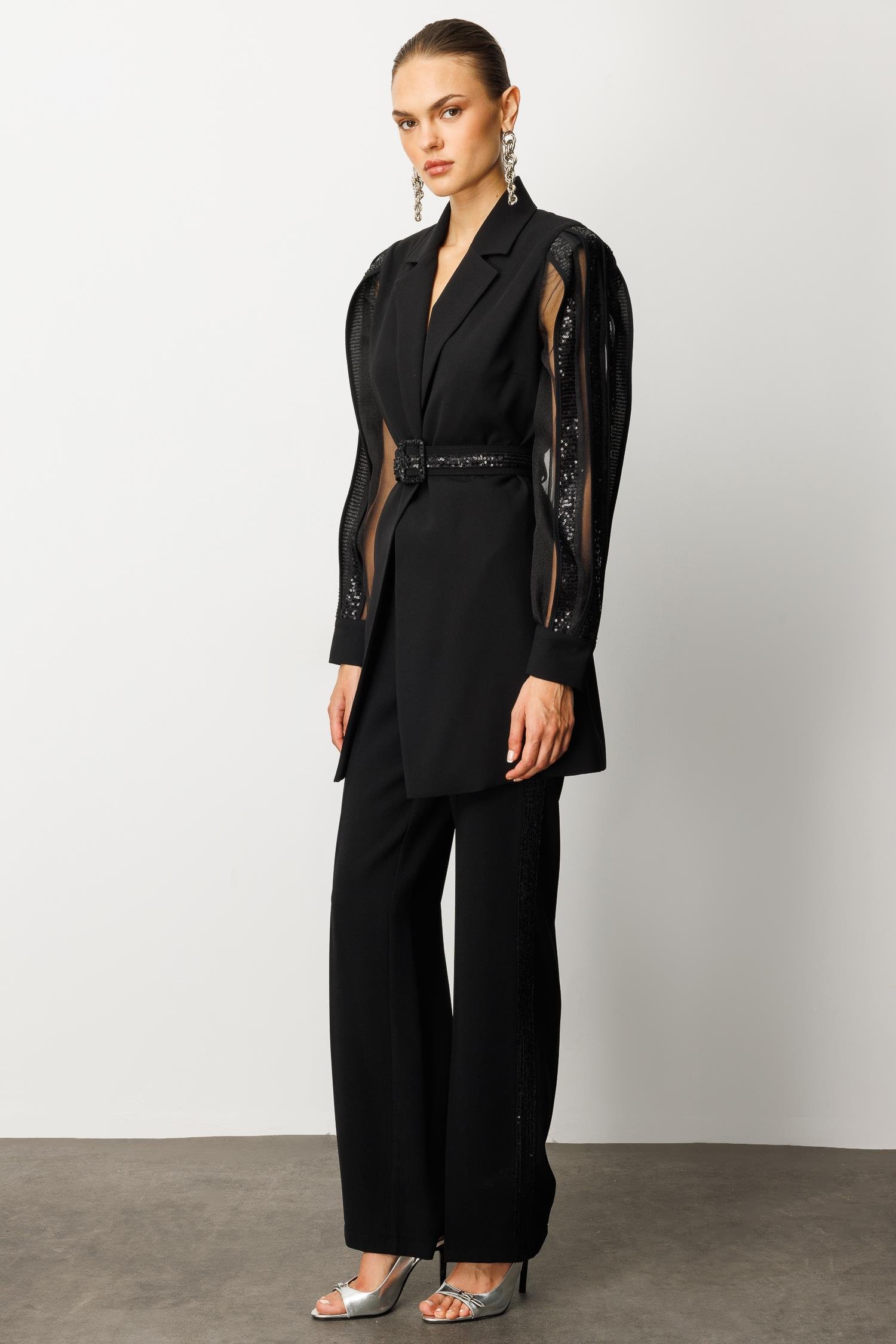 Modailgi  Kolları Şerit Pul Payet Atletli Ceket Siyah