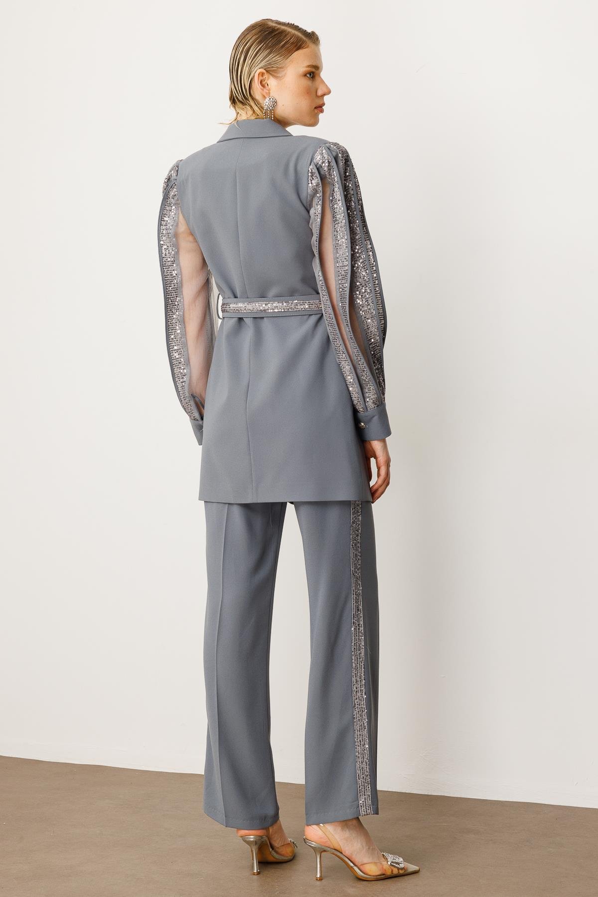 Modailgi  Kolları Şerit Pul Payet Atletli Ceket Gümüş